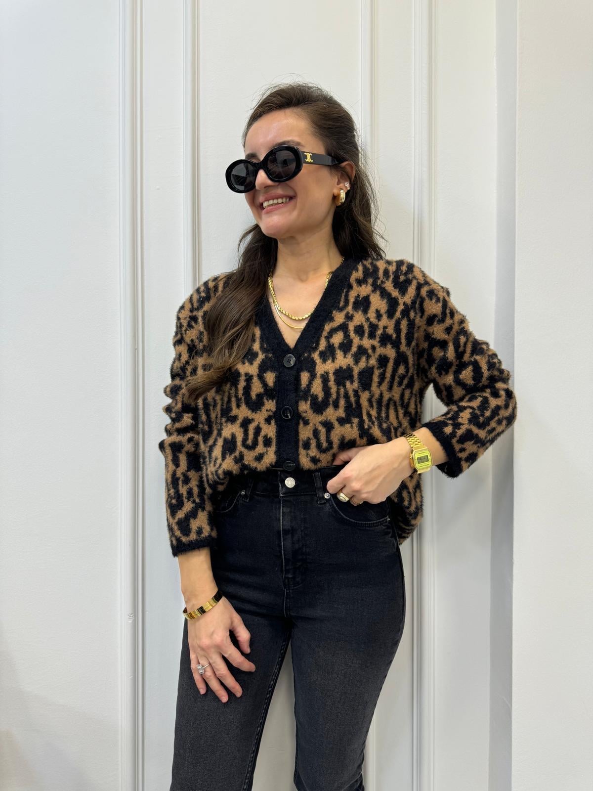 Kahve rengi Leopar Desen Sakallı Triko Hırka 35438