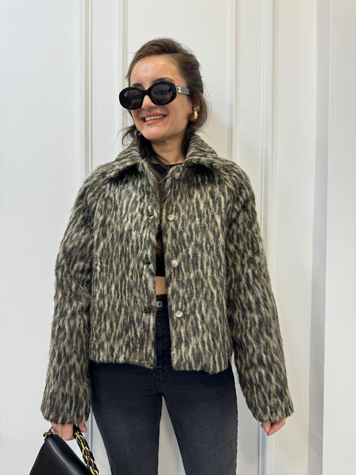 Kahve rengi Leopar Desenli Astarlı Dokulu Kaşe Kaban 6206