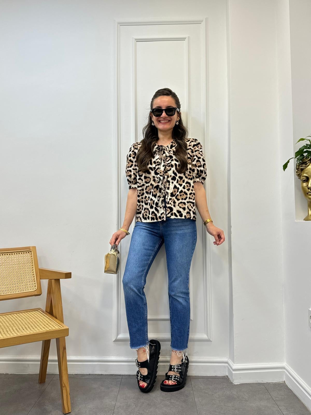 Kahve rengi Leopar Desenli Önü Bağlamalı Bluz 34700
