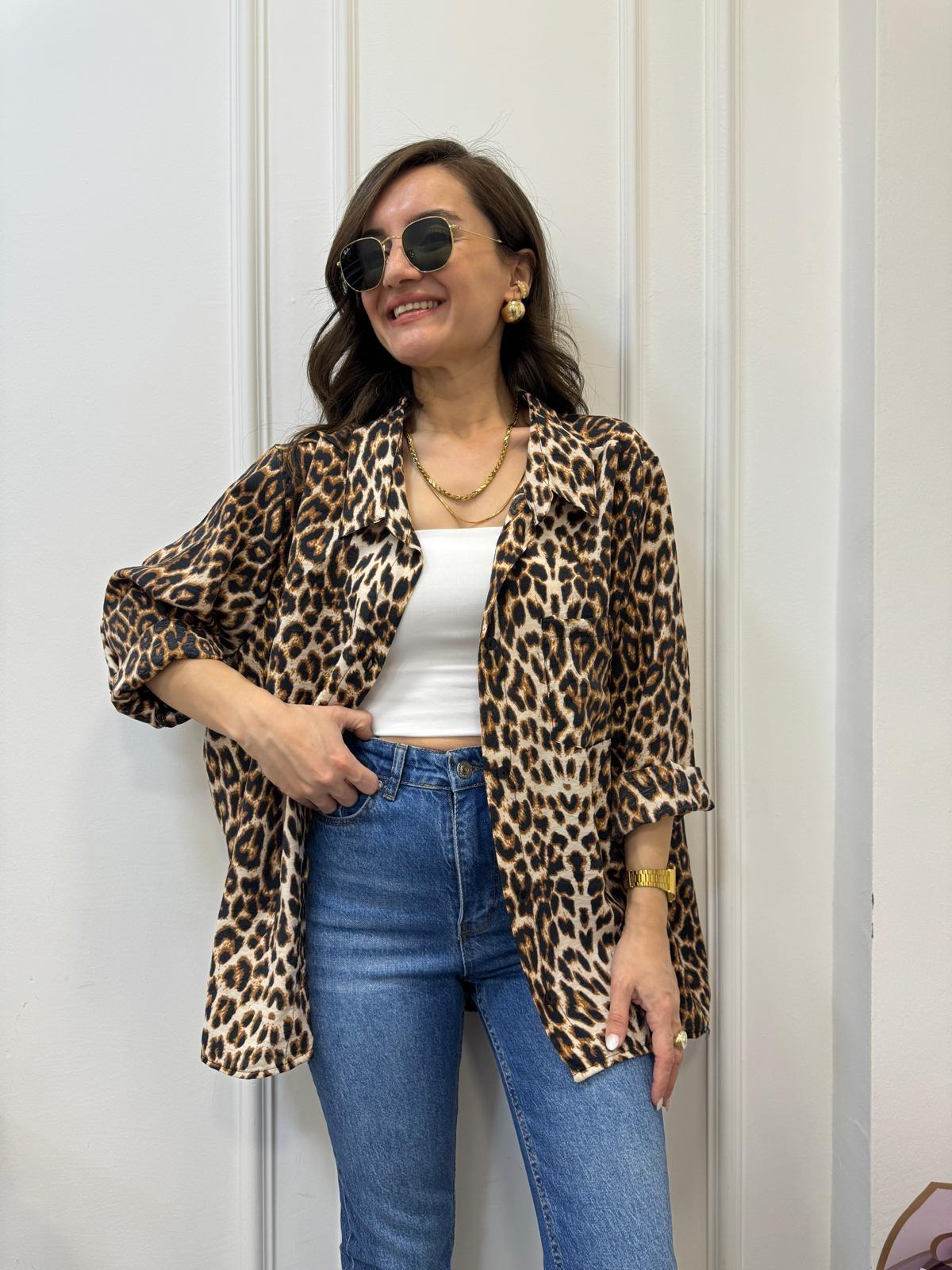Kahve rengi Leopar Desenli Salaş Gömlek 58644