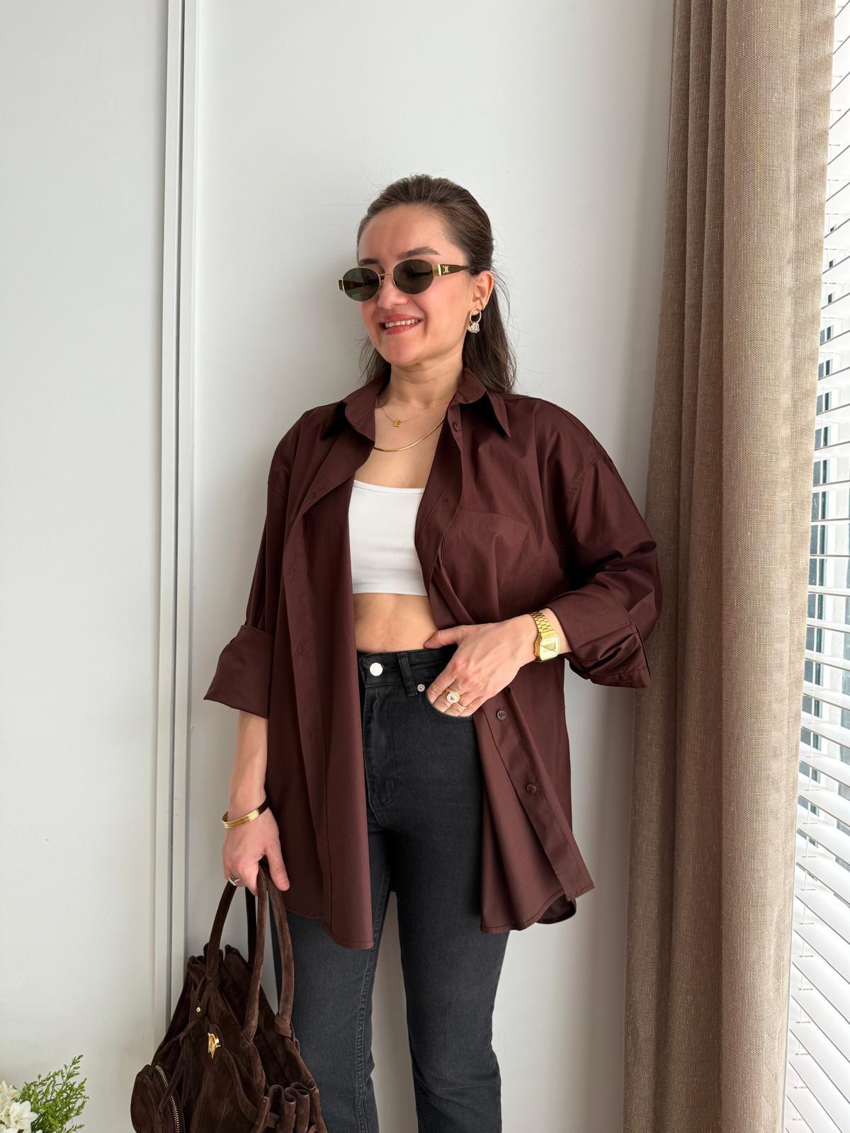 Kahve rengi Lüx Kalite Pamuklu Oversize Gömlek 5310