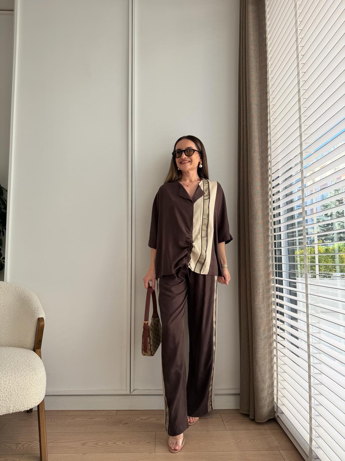 Kahve rengi Marka Model Büzgülü Bluz Takım L102