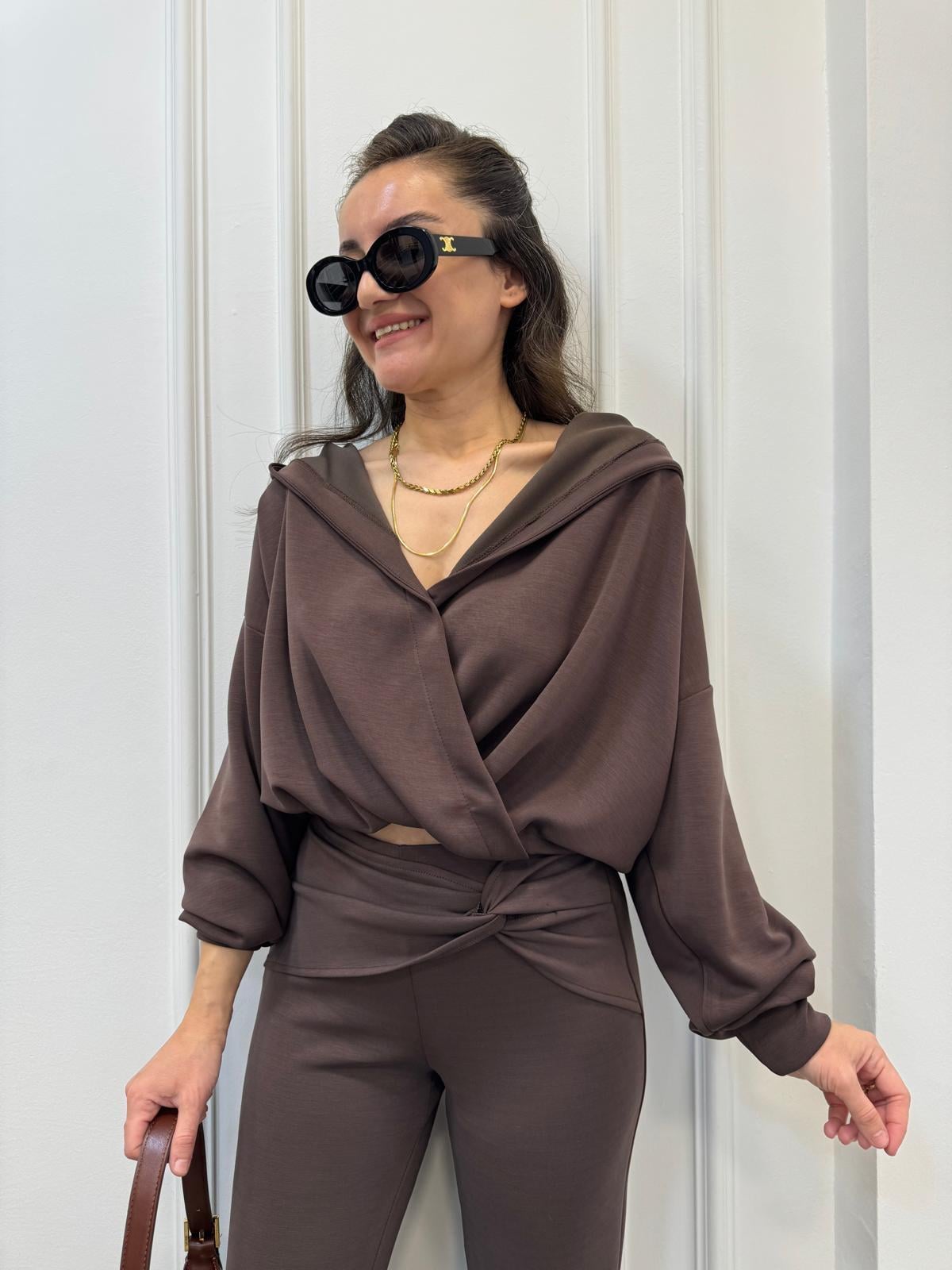 Kahve rengi Modal Dökümlü Kruvaze Yaka Sweatshırt 3148