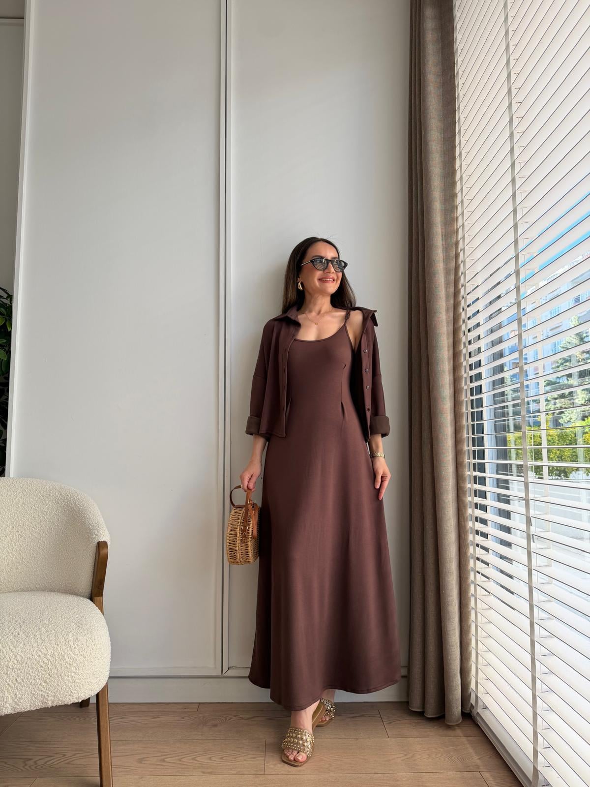 Kahve rengi Modal Gömlek Elbise Takım 4103