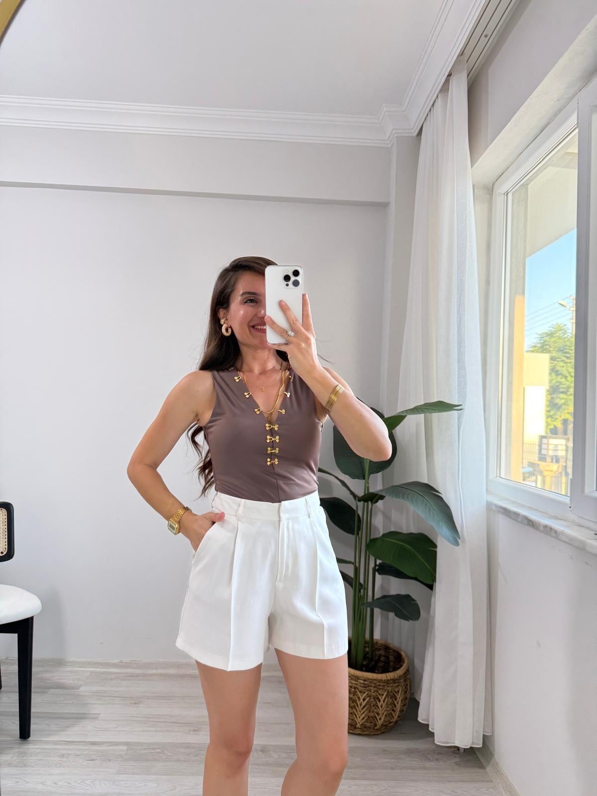 Kahve rengi Modal Kumaş Agraf Detaylı Bluz 7366