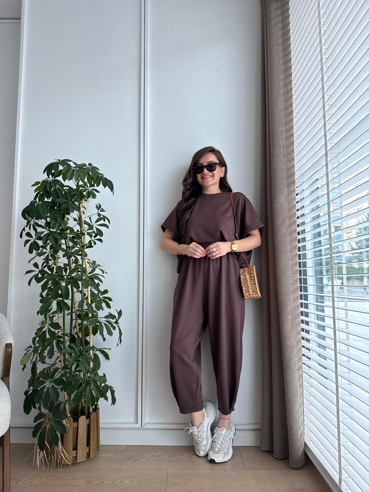 Kahve rengi Modal Kumaş Paça Detaylı Takım 963