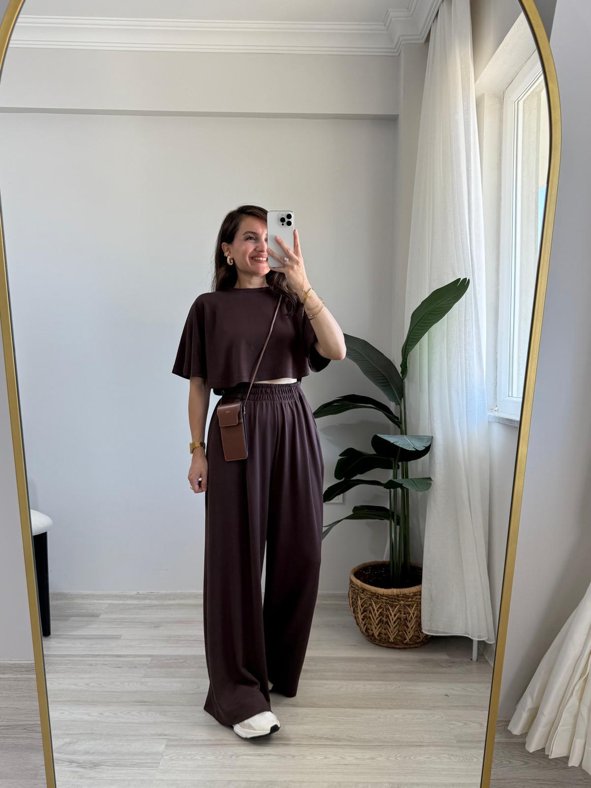 Kahve rengi Modal Kumaş Tasarım Bluz Pantolon Takım 1201