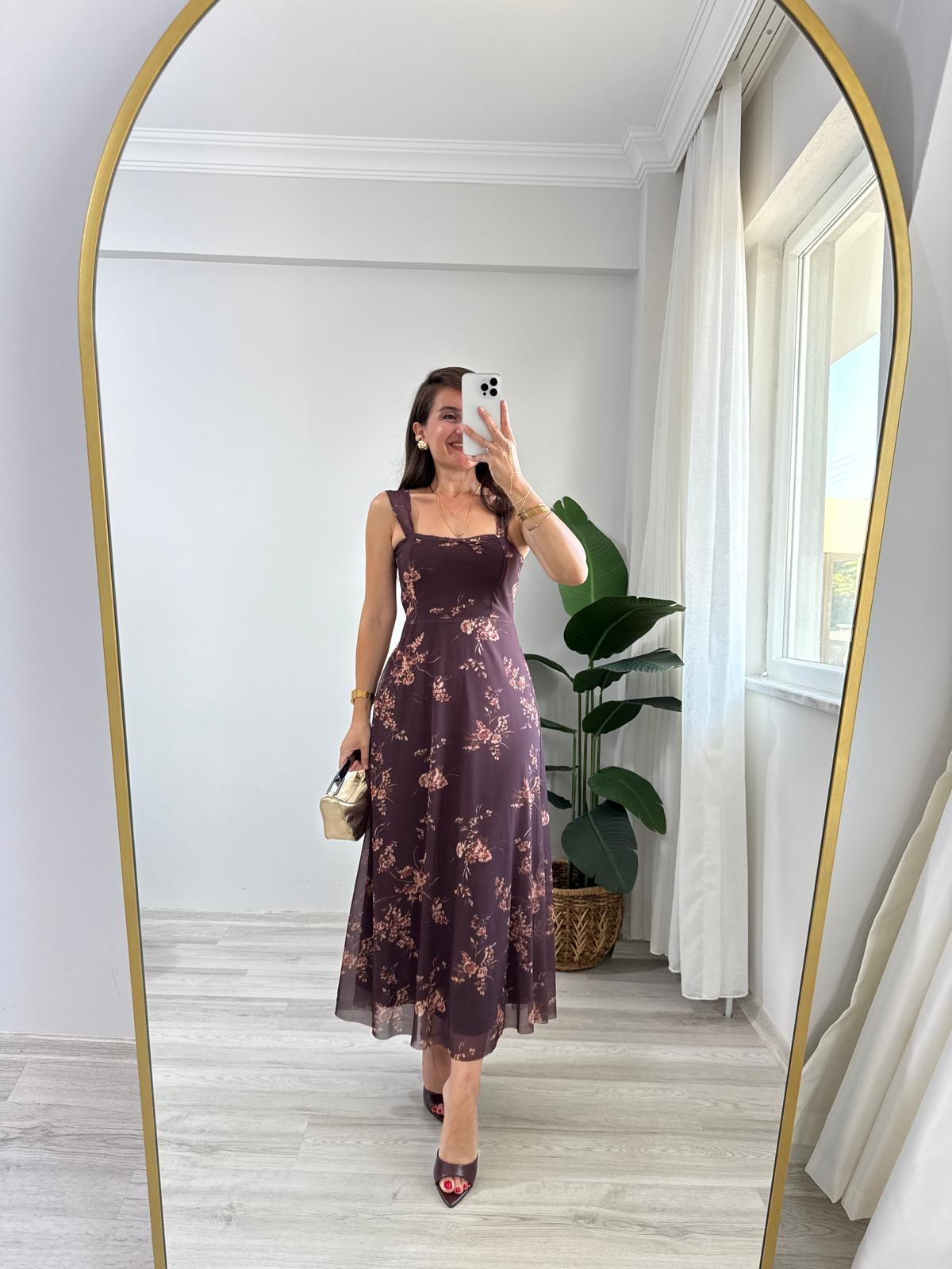 Kahve rengi Nakış Detaylı Çiçekli Tül Elbise 251096