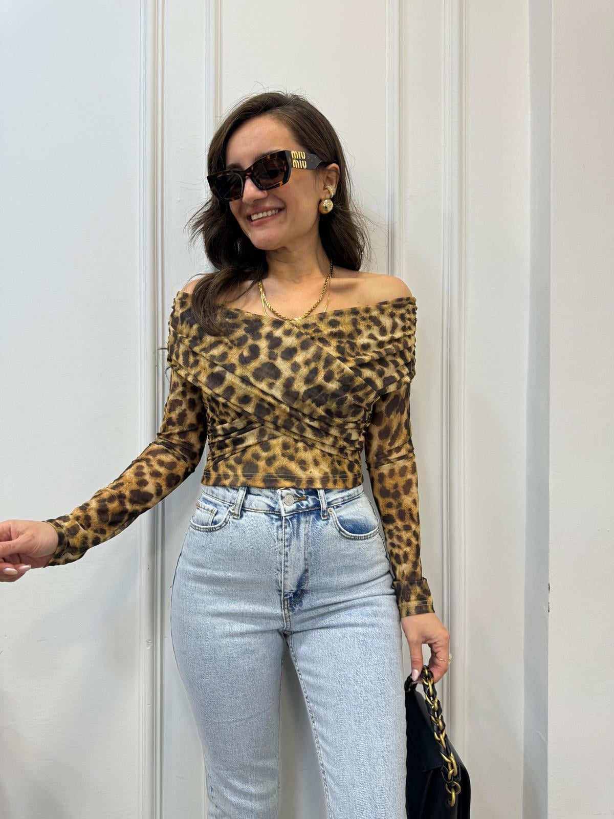 Kahve rengi Omuz Drape Detaylı Kruvaze Bluz 0158