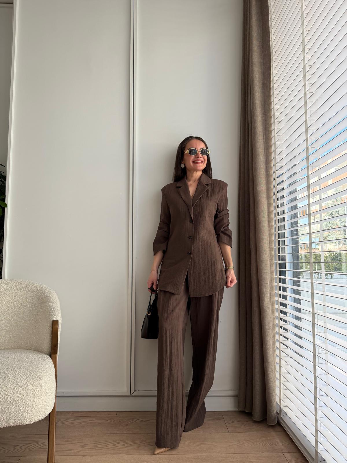 Kahve rengi Ön Düğmeli Kuşaklı Ceket Pantolon Takım 9693