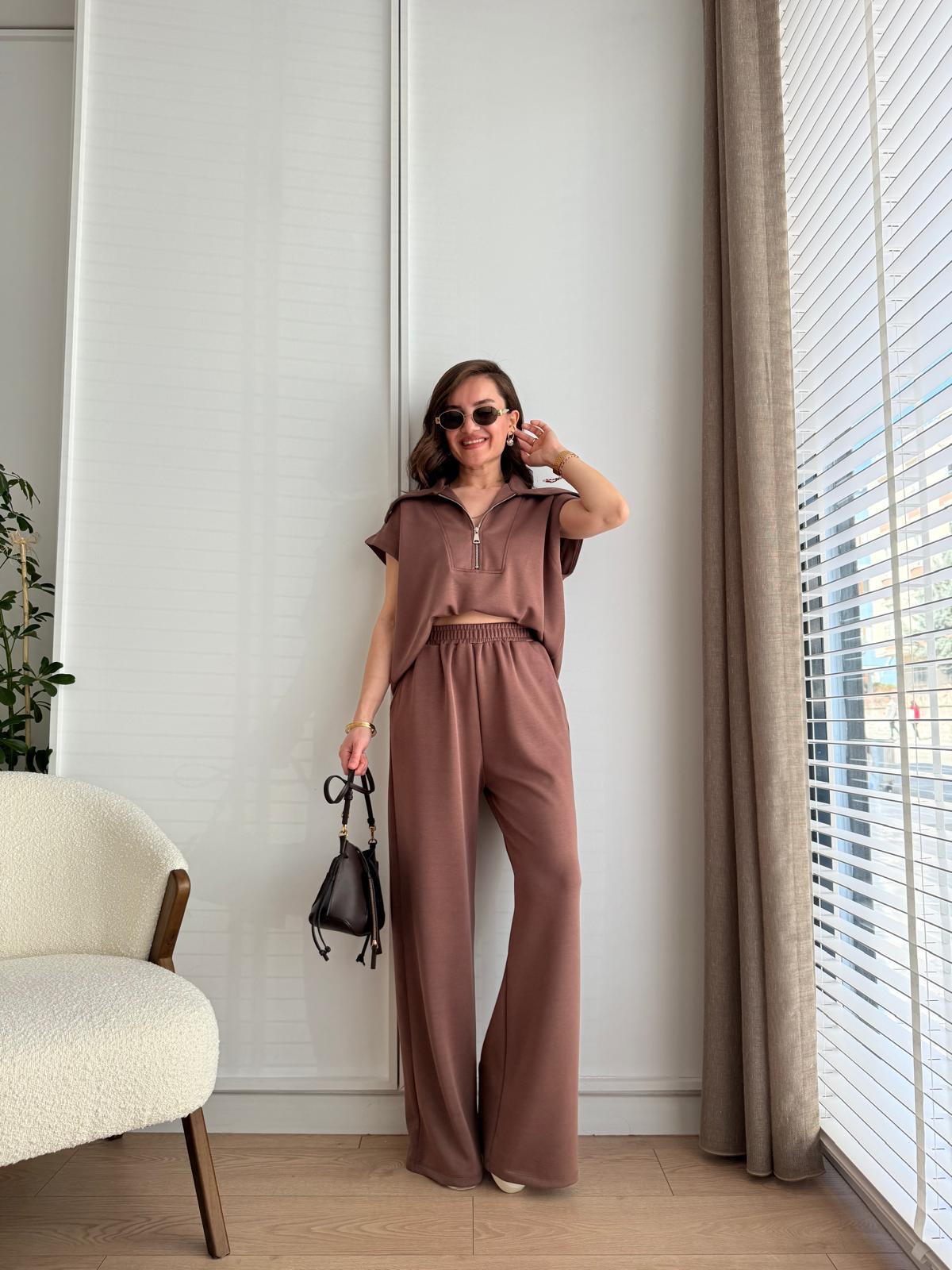 Kahve rengi Ön Fermuarlı Modal Kumaş Yelek Pantolon Takım 36188