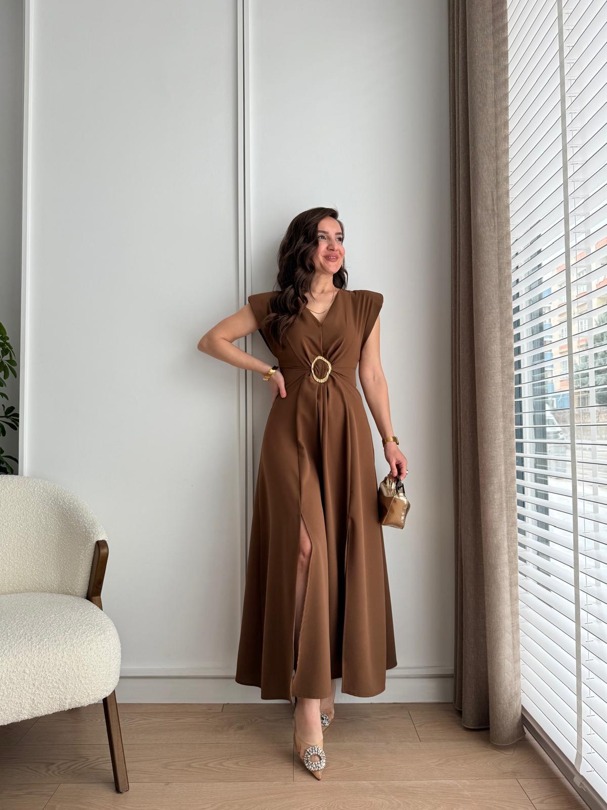 Kahve rengi Ön Toka Detaylı Vatkalı Elbise 4506