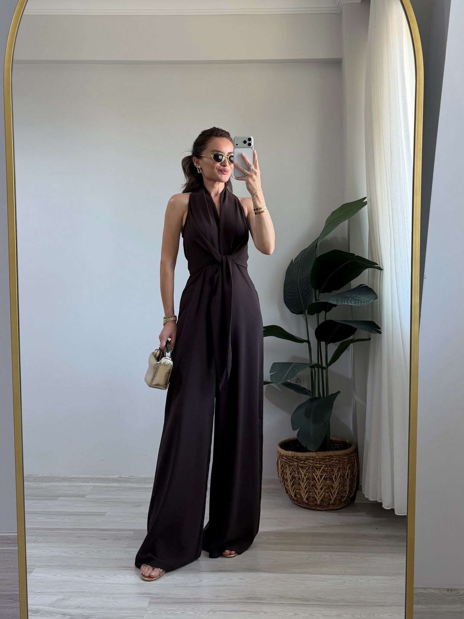 Kahve rengi Önden Bağlamalı Bol Paça Tulum 3551