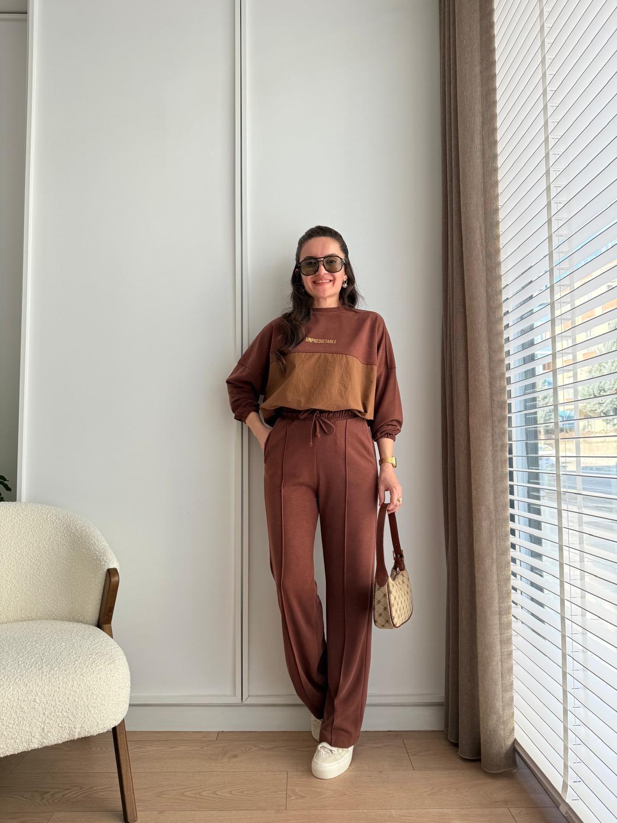 Kahve rengi Önü Paraşüt Detay Büzgülü Modal Kumaş Takım 00530