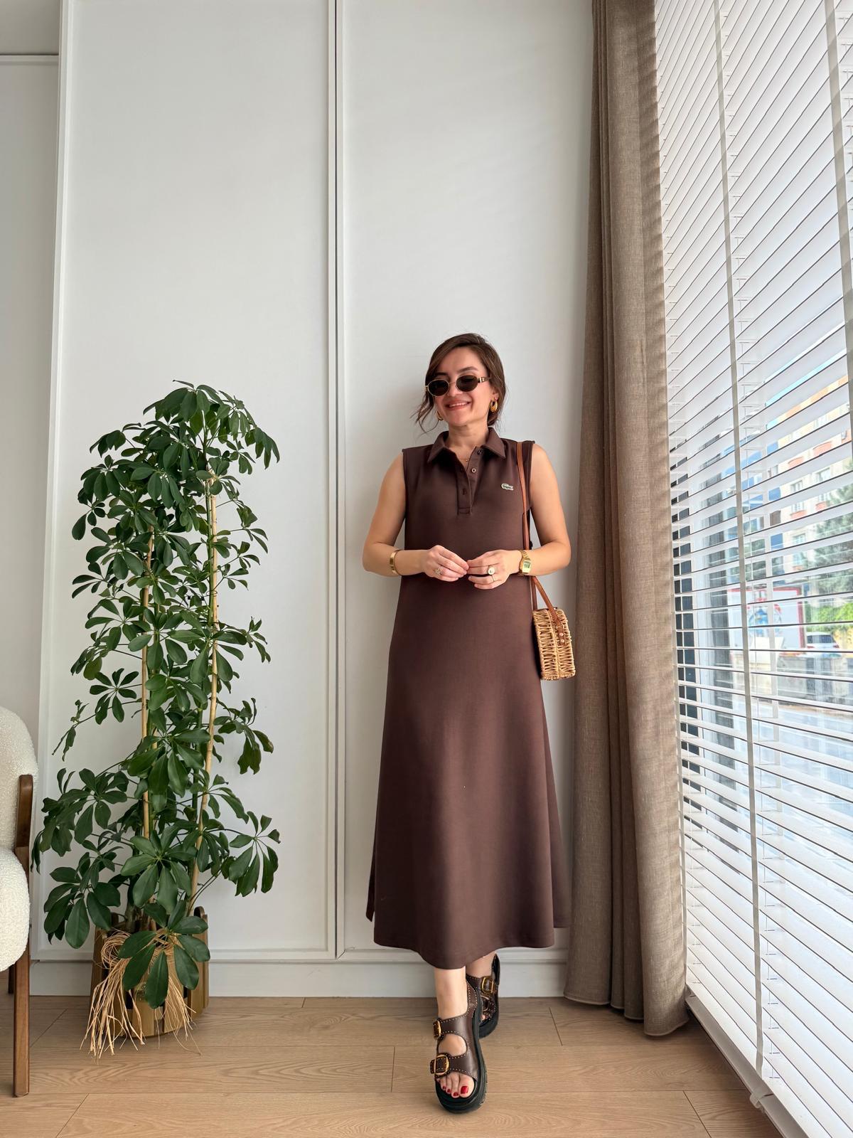 Kahve rengi Orjinal Marka Polo Yaka Modal Kumaş Elbise S01