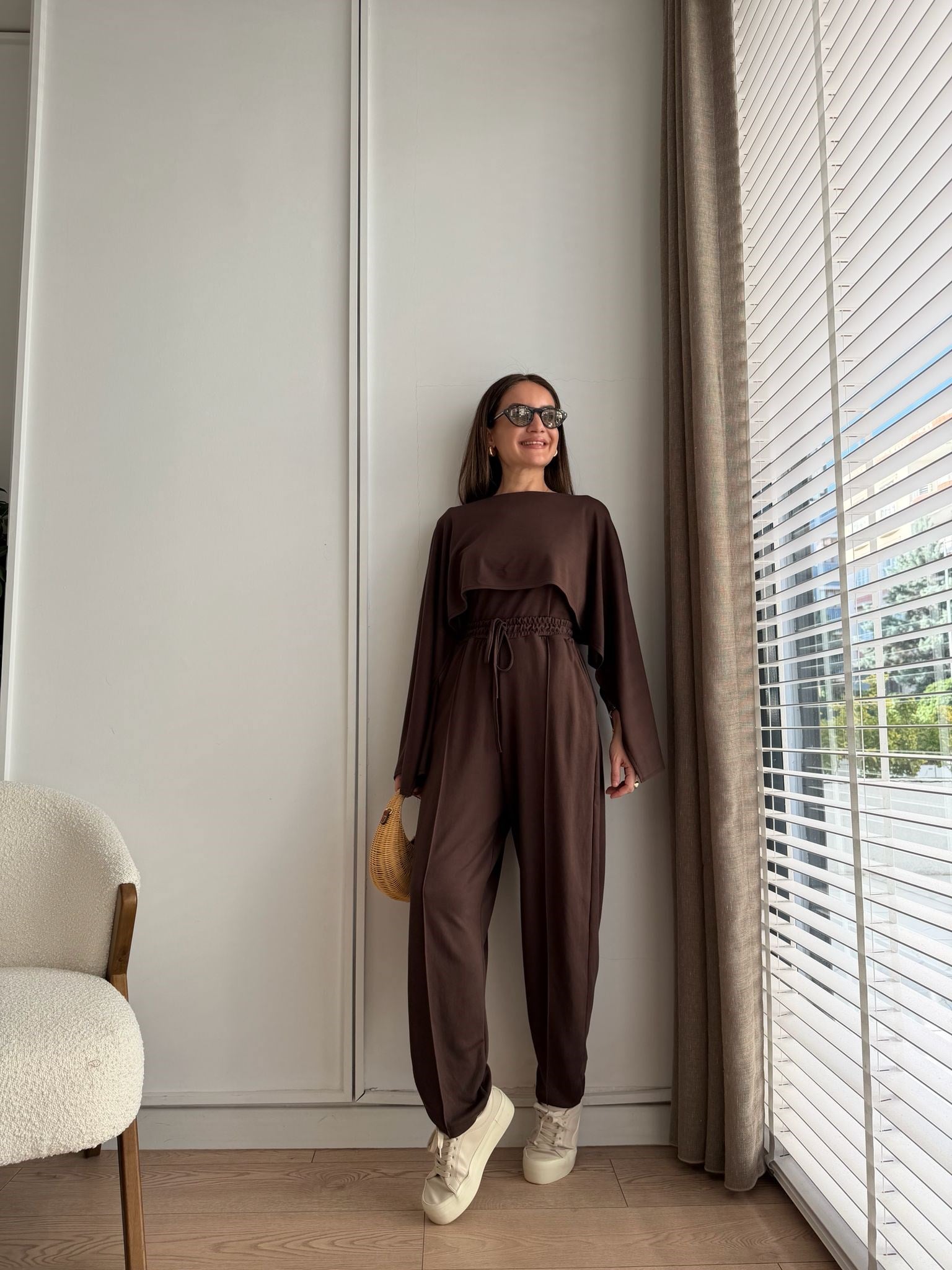 Kahve rengi Pelerin Detaylı Bluz Pantolon Takım 4143