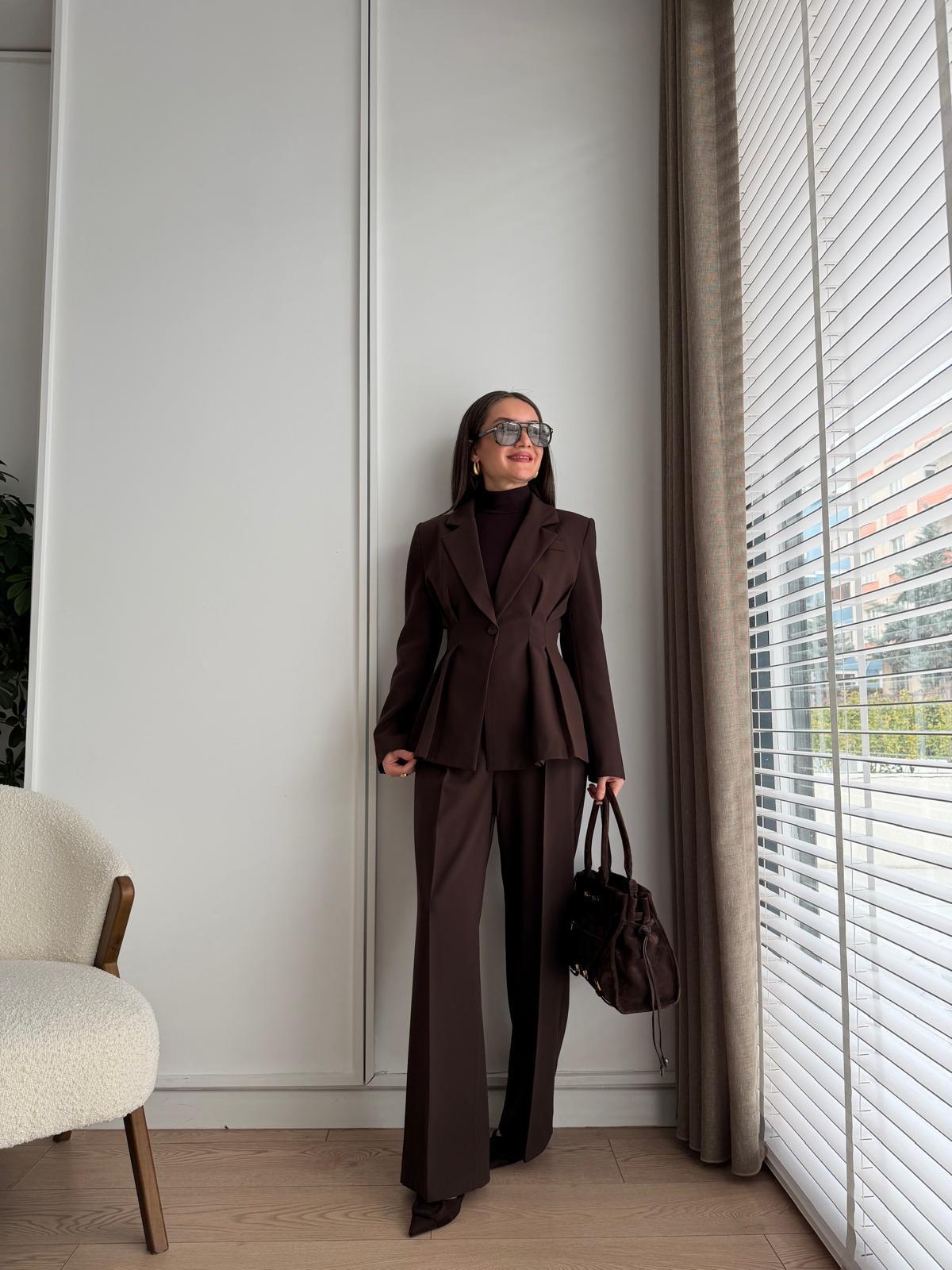 Kahve rengi Pile Detaylı Slimfit Ceket Pantolon Takım 8884
