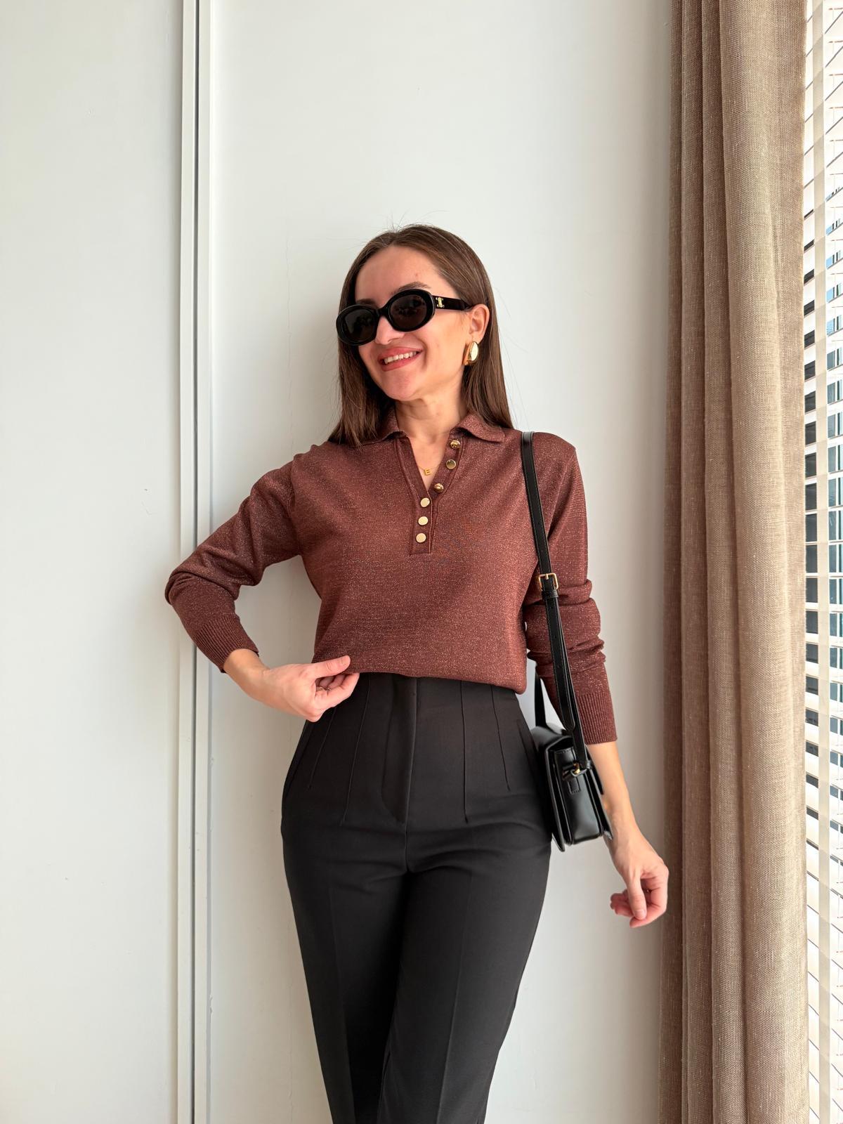 Kahve rengi Polo Yaka Gold Düğmeli Simli Triko Bluz 251133