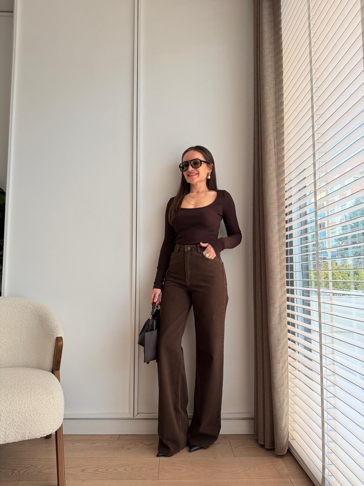 Kahve rengi Premıum Geniş Paça Jean 7714