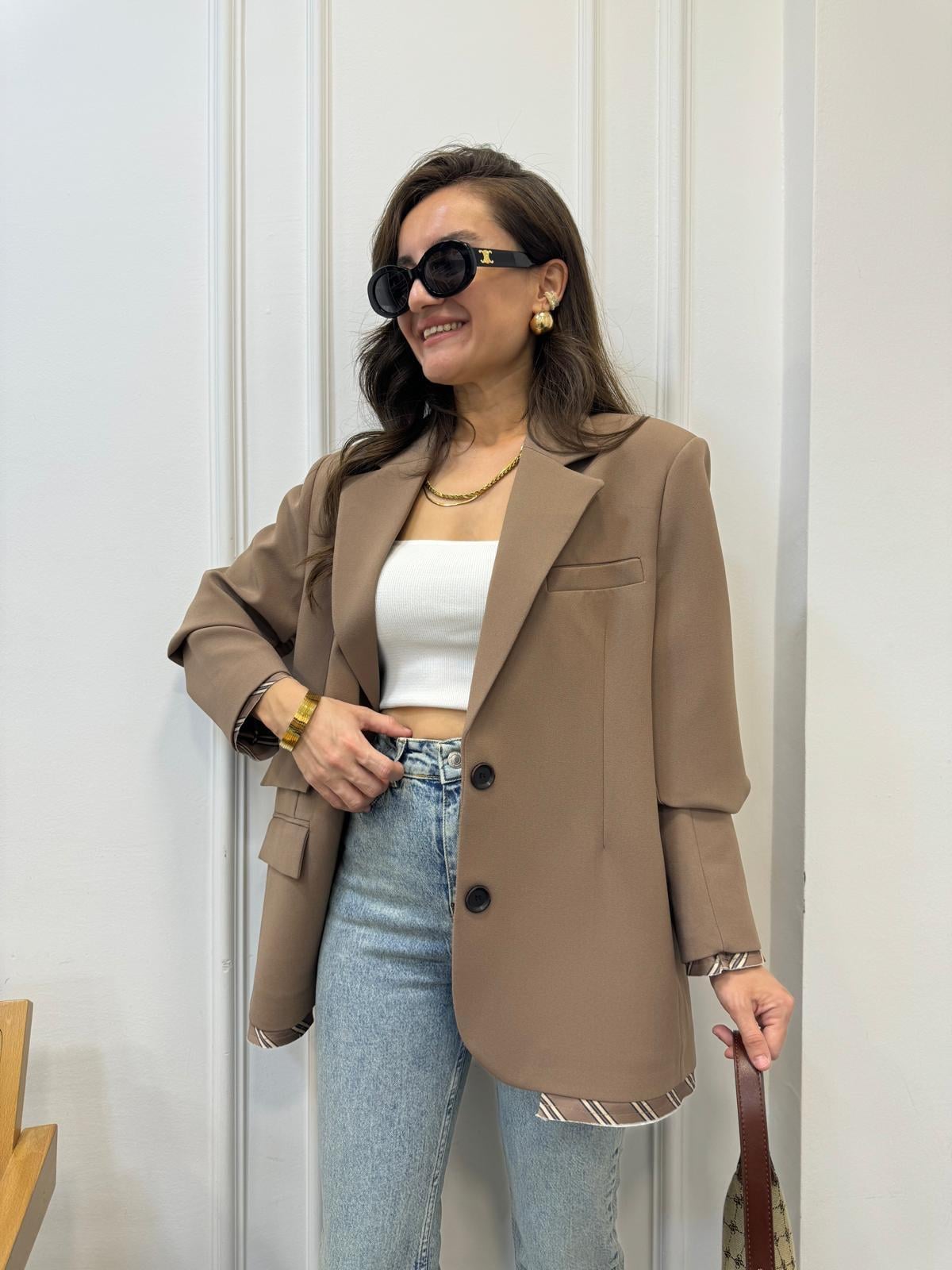 Kahve rengi Premıum Kalite Astar Detaylı Double Kumaş Blazer Ceket 9456