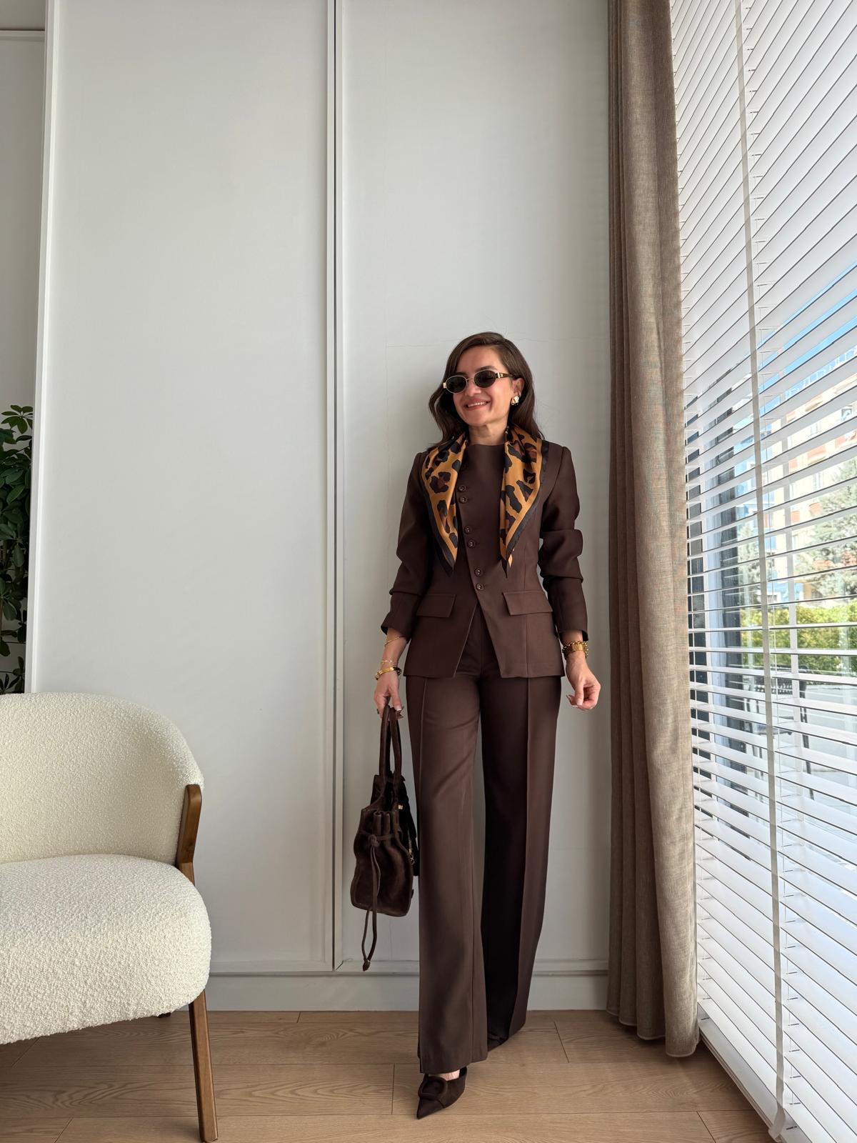 Kahve rengi Premıum Kalite Çapraz Düğmeli Ceket Pantolon Takım 8748