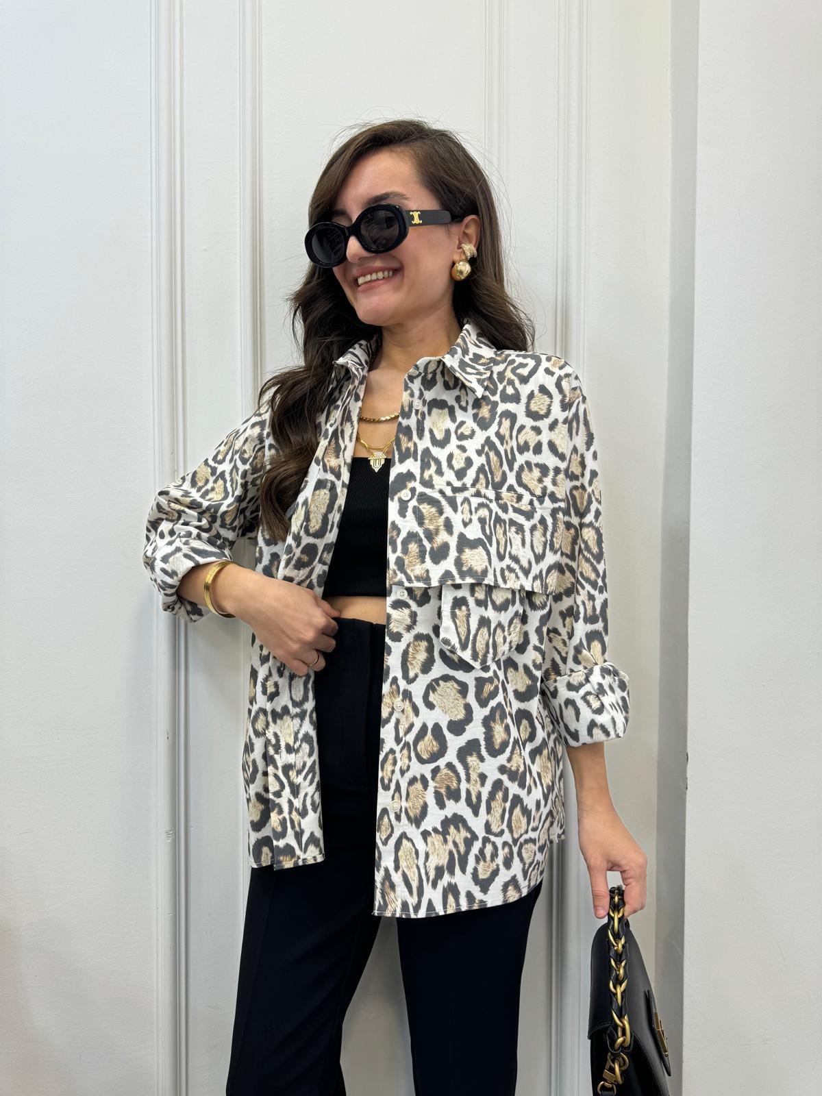 Kahve rengi Premıum Kalite Leopar Desen Cep Detaylı Gömlek 29156