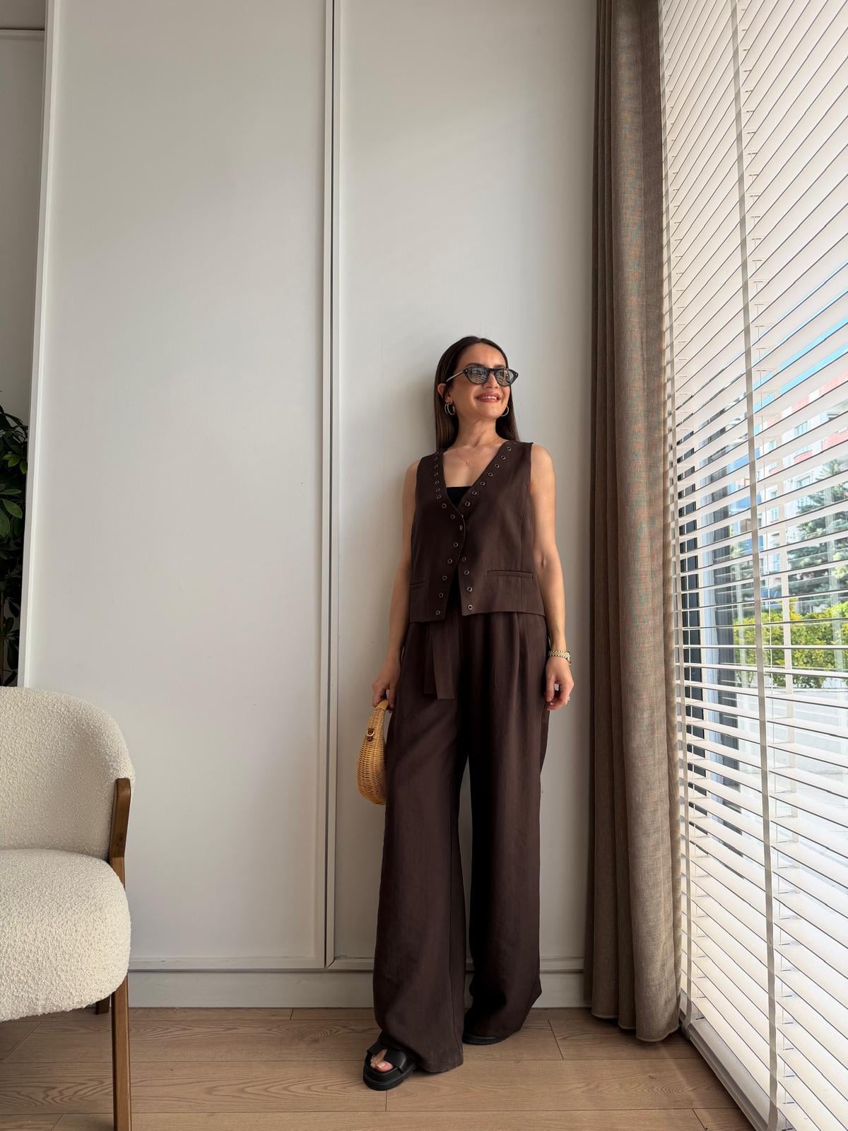 Kahve rengi Premium Seri Zımba Detaylı Yelek Takım 39701