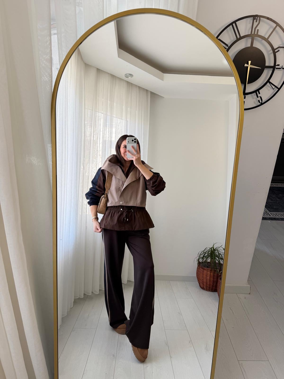 Kahve rengi Renk Bloklu Bel Büzgü Detaylı Tasarım Takım 37063