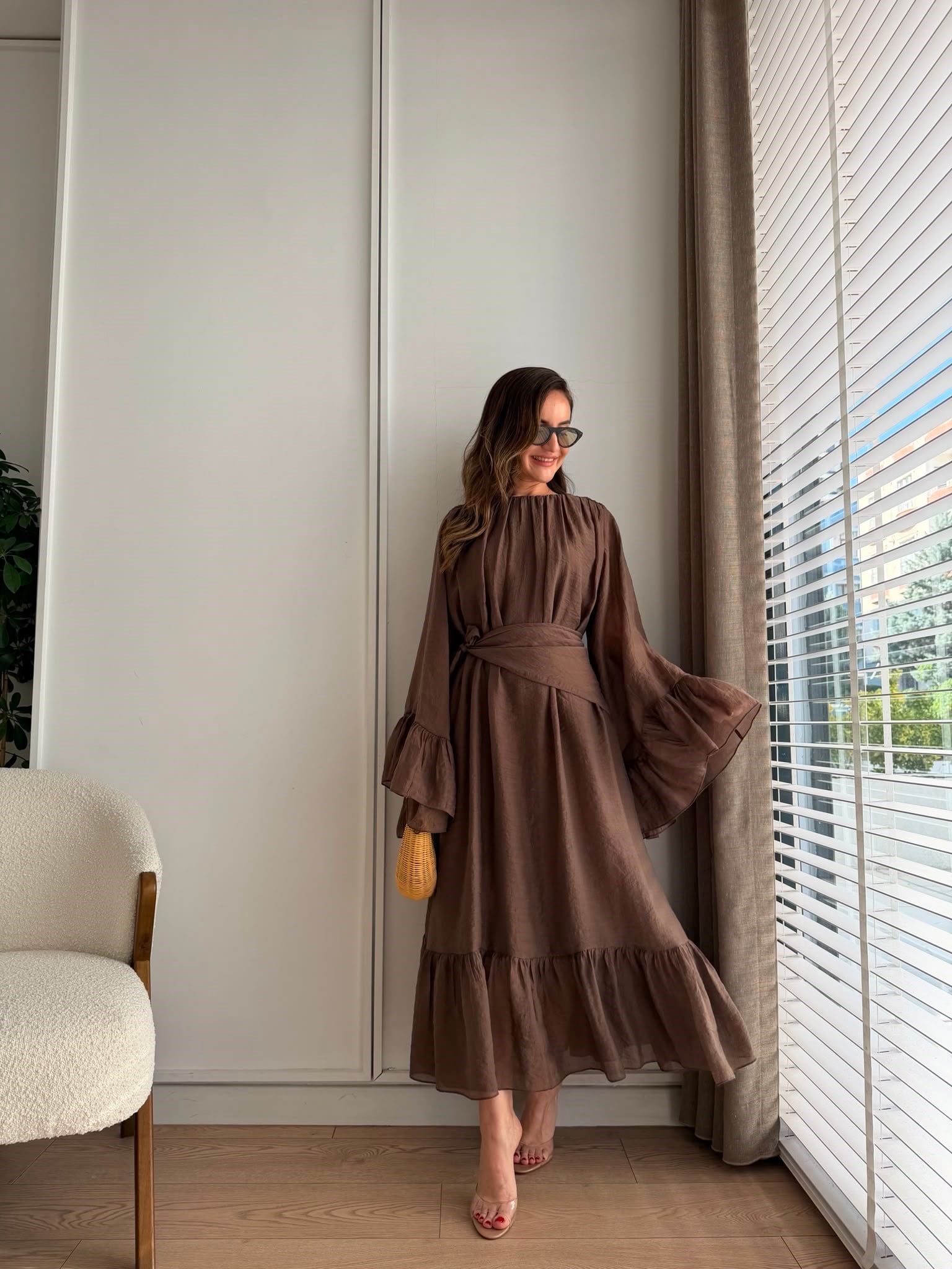 Kahve rengi Şallı Büzgülü Elbise 3404