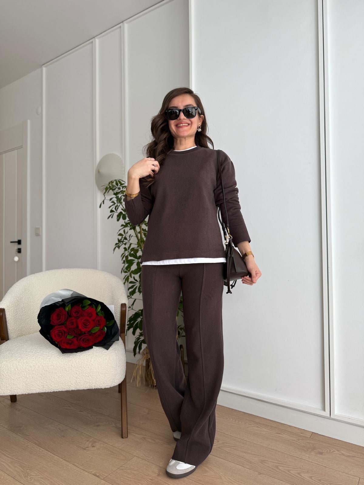 Kahve rengi Selanik Kumaş Dikiş Detaylı Pantolon Sweet Takım 251002