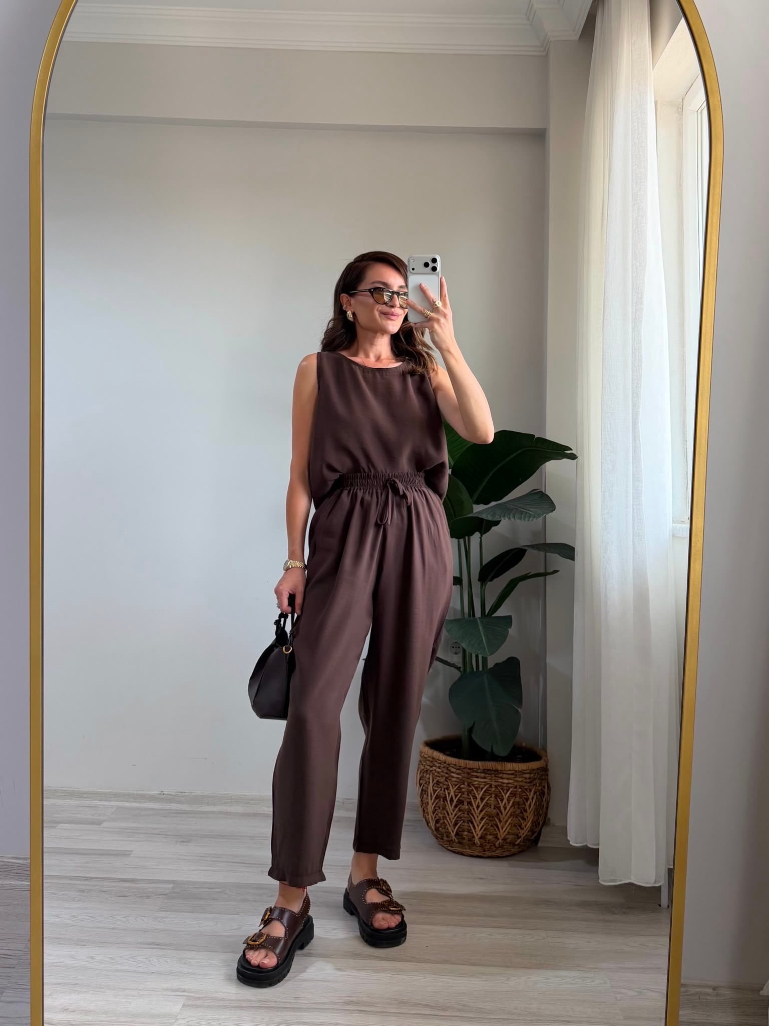 Kahve rengi Sıfır Kol Bluz Pantolon Takım 3089