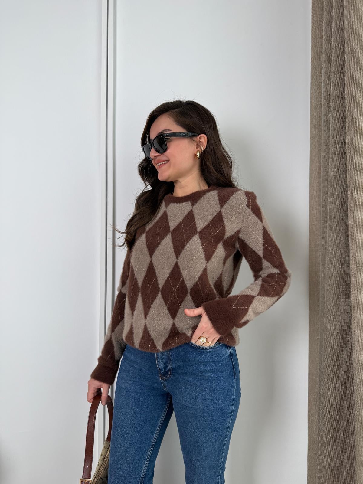 Kahve rengi Sim Geçişli Baklava Desen Triko Kazak 24444