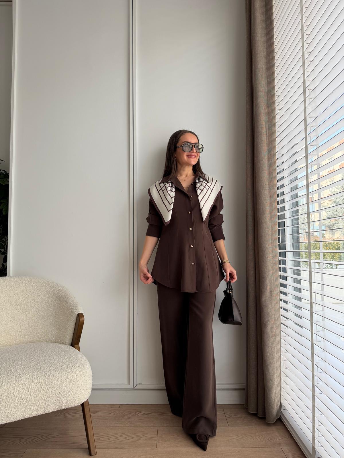 Kahve rengi Slimfit Gömlek Pantolon Takım 8872