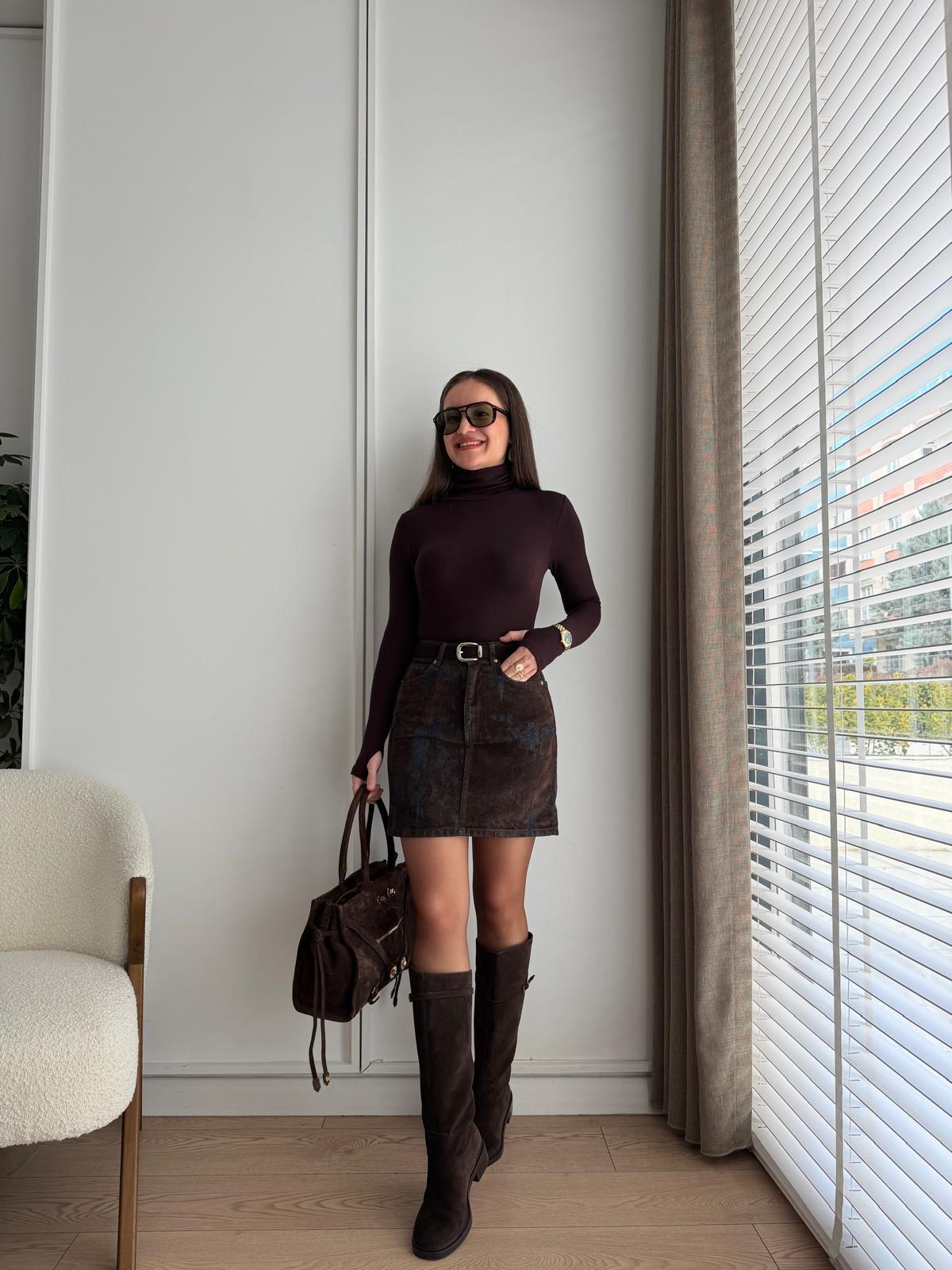 Kahve rengi Süet Dokulu Kemerli Denim Etek D927