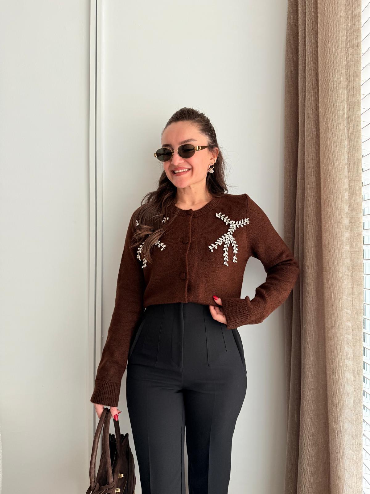 Kahve rengi Taş Detaylı Triko Hırka 241155