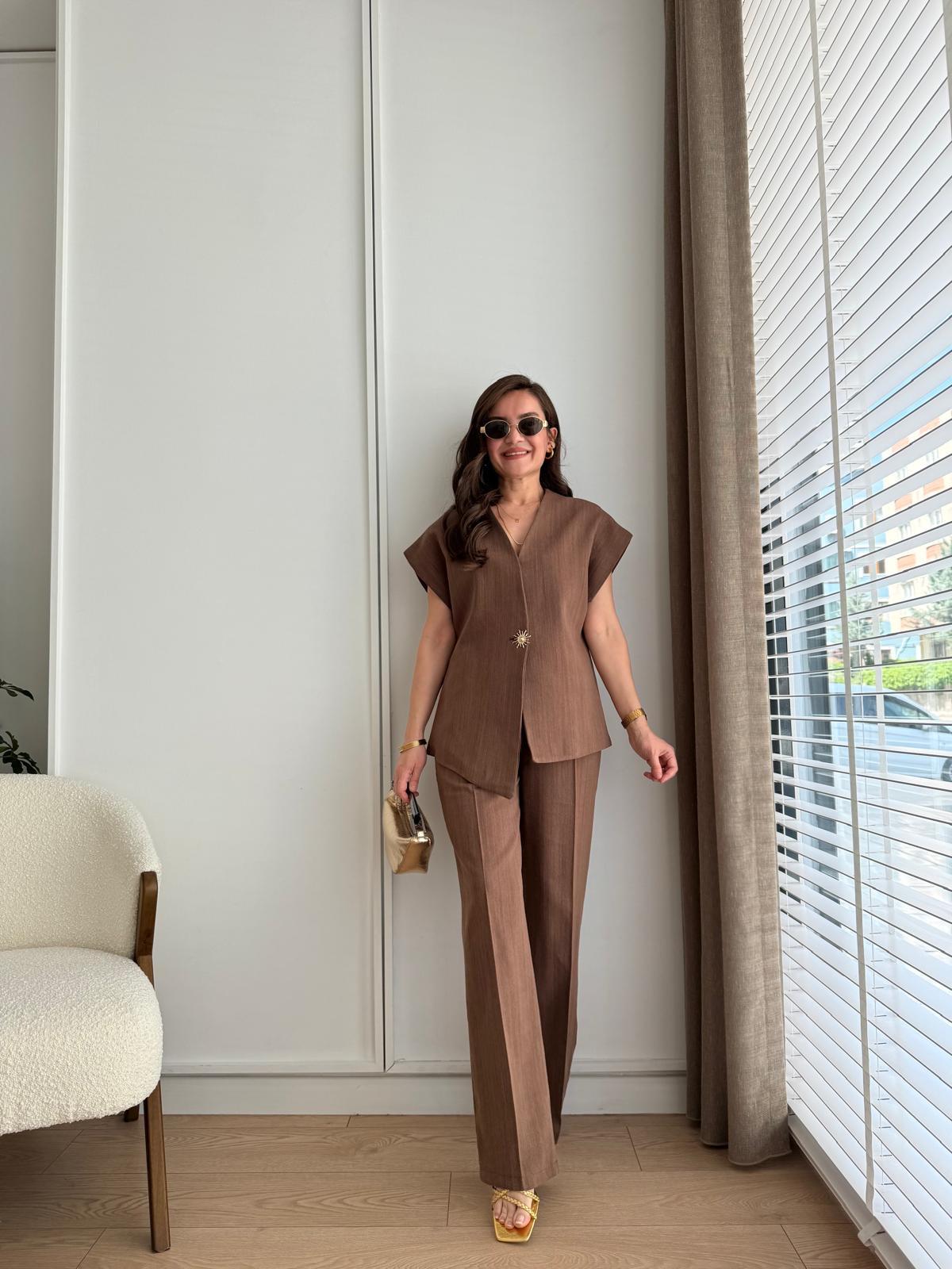 Kahve rengi Tasarım Asimetrik Kesim Yelek Pantolon Takım 8647