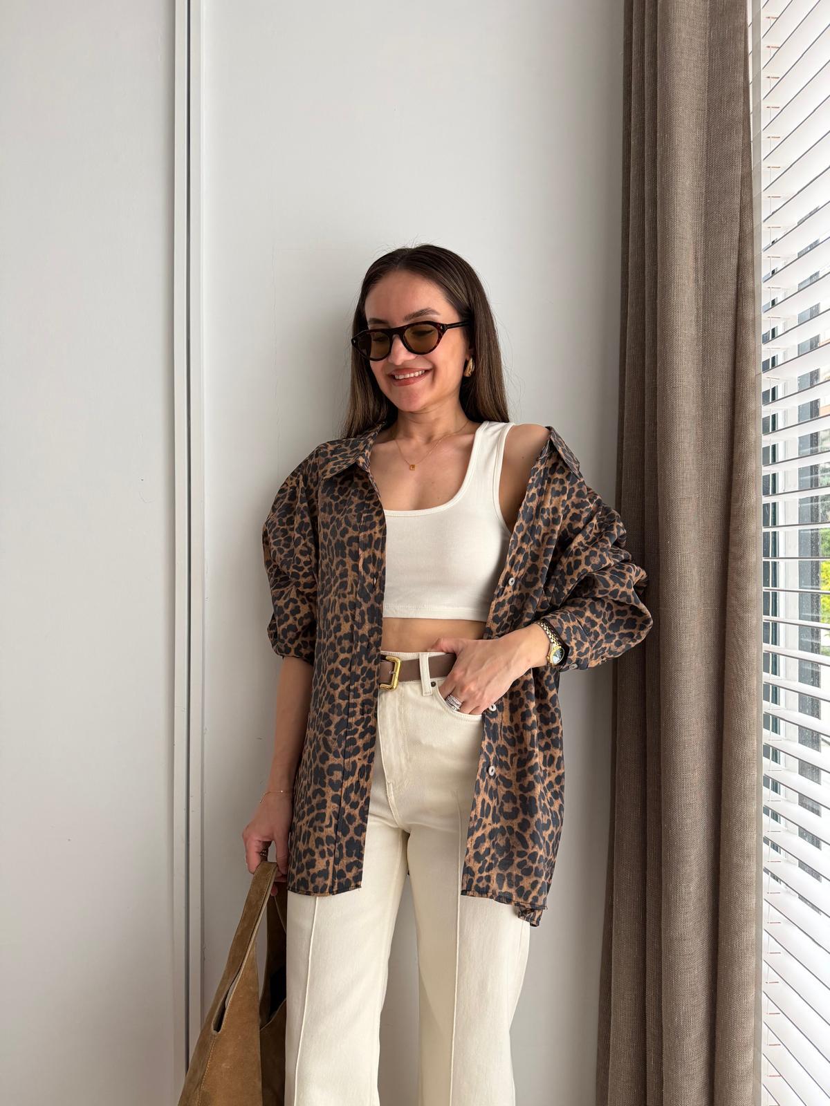 Kahve rengi Tek Cepli Leopar Desen Gömlek 4954