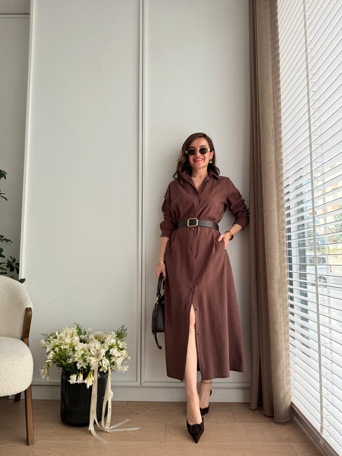Kahve rengi Tensel Kumaş Kemerli Gömlek Elbise 580286