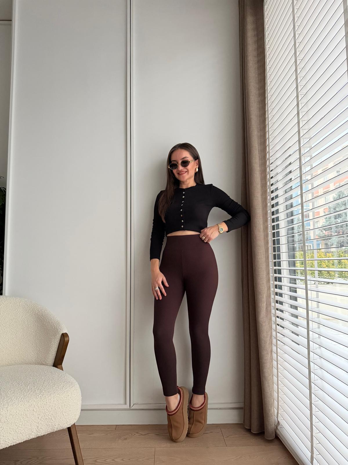 Kahve rengi Toparlayıcı Şardonlu Fitilli Tayt T4279