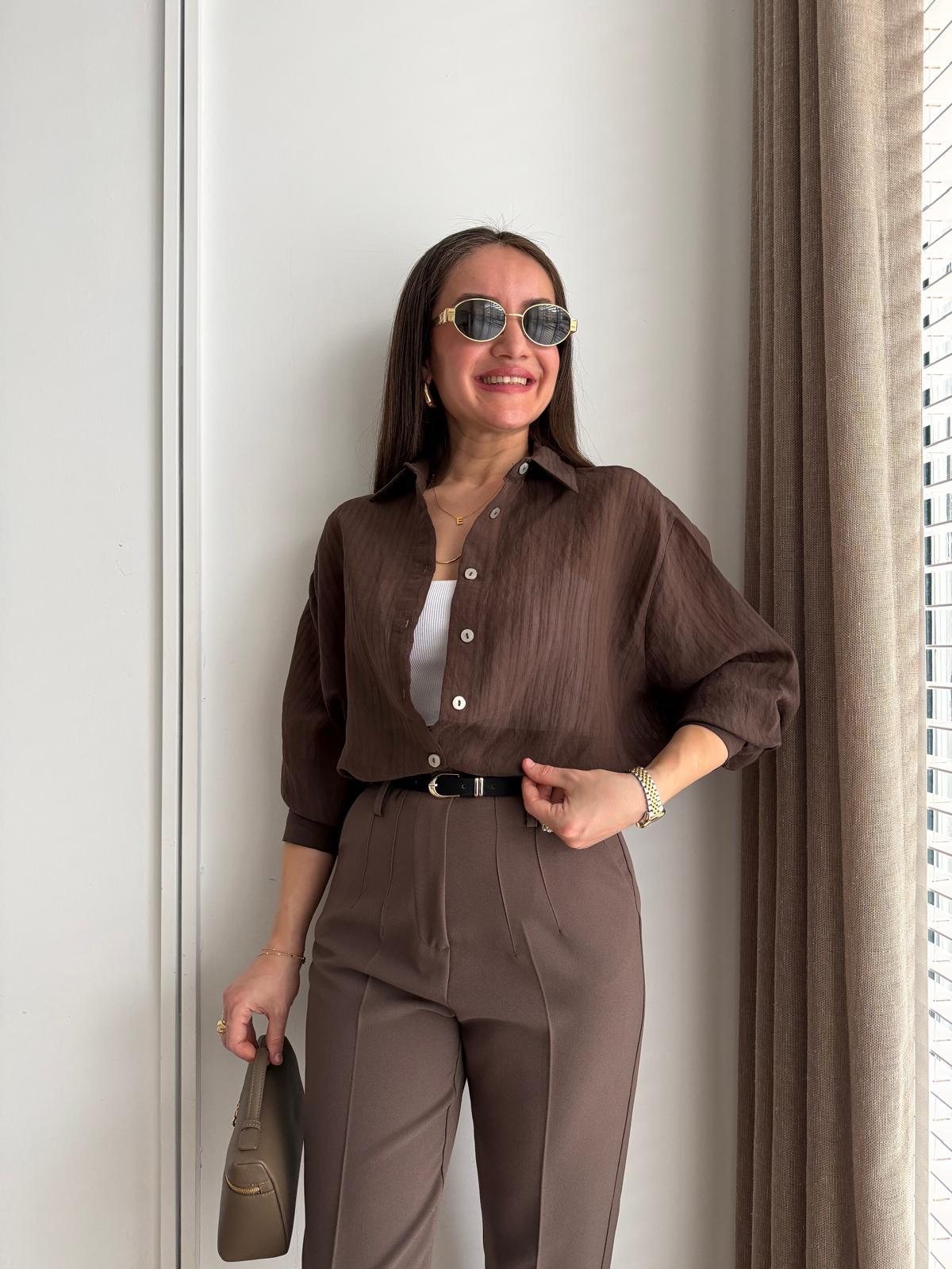 Kahve rengi Transparan Oversize Gömlek 5016