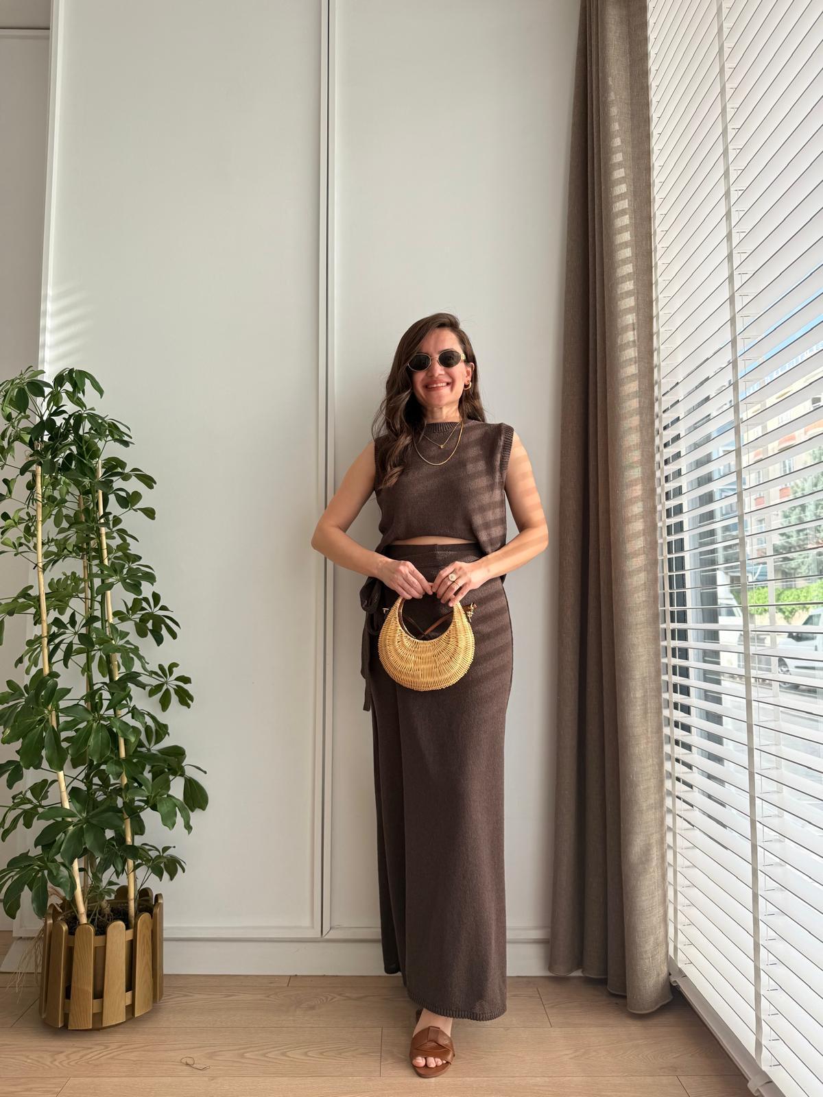 Kahve rengi Triko Etek Bluz Takım 251007