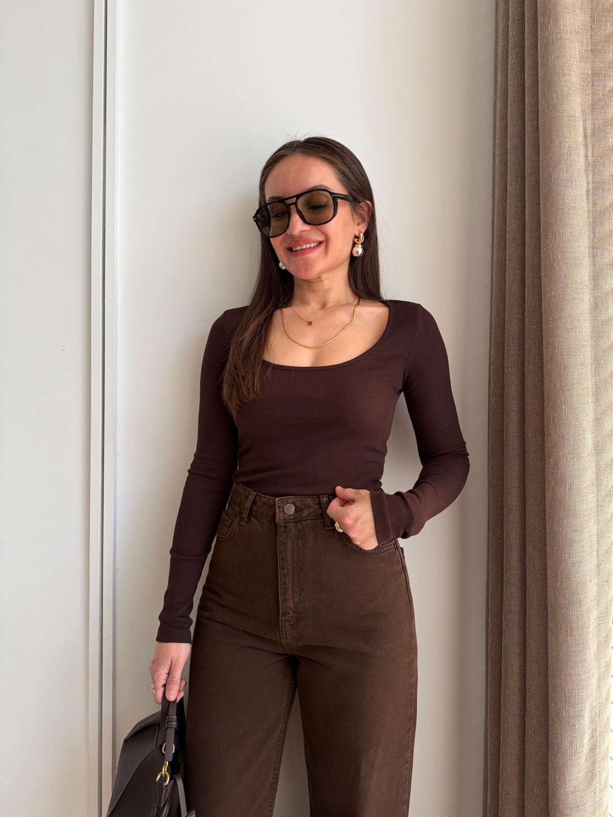 Kahve rengi U Yaka Kaşkorse Bluz 17111