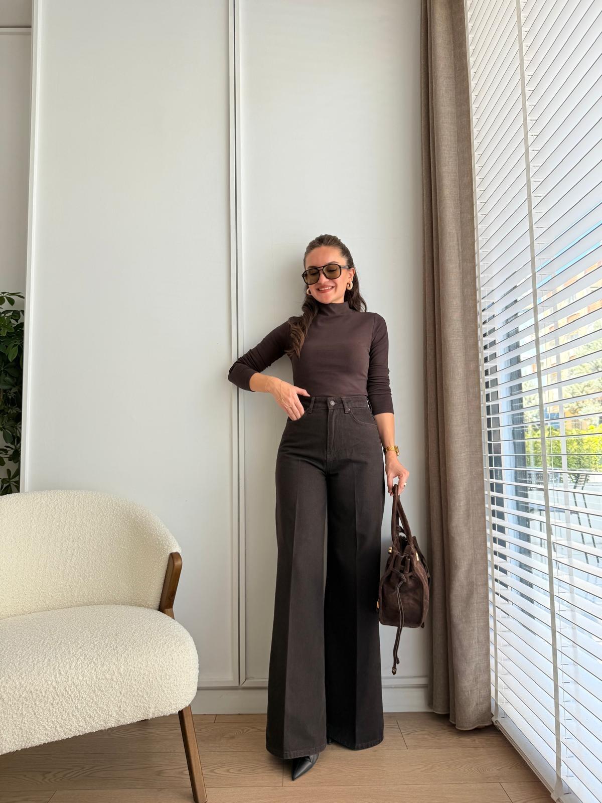 Kahve rengi Ütü İzli Geniş Paça Jean D888