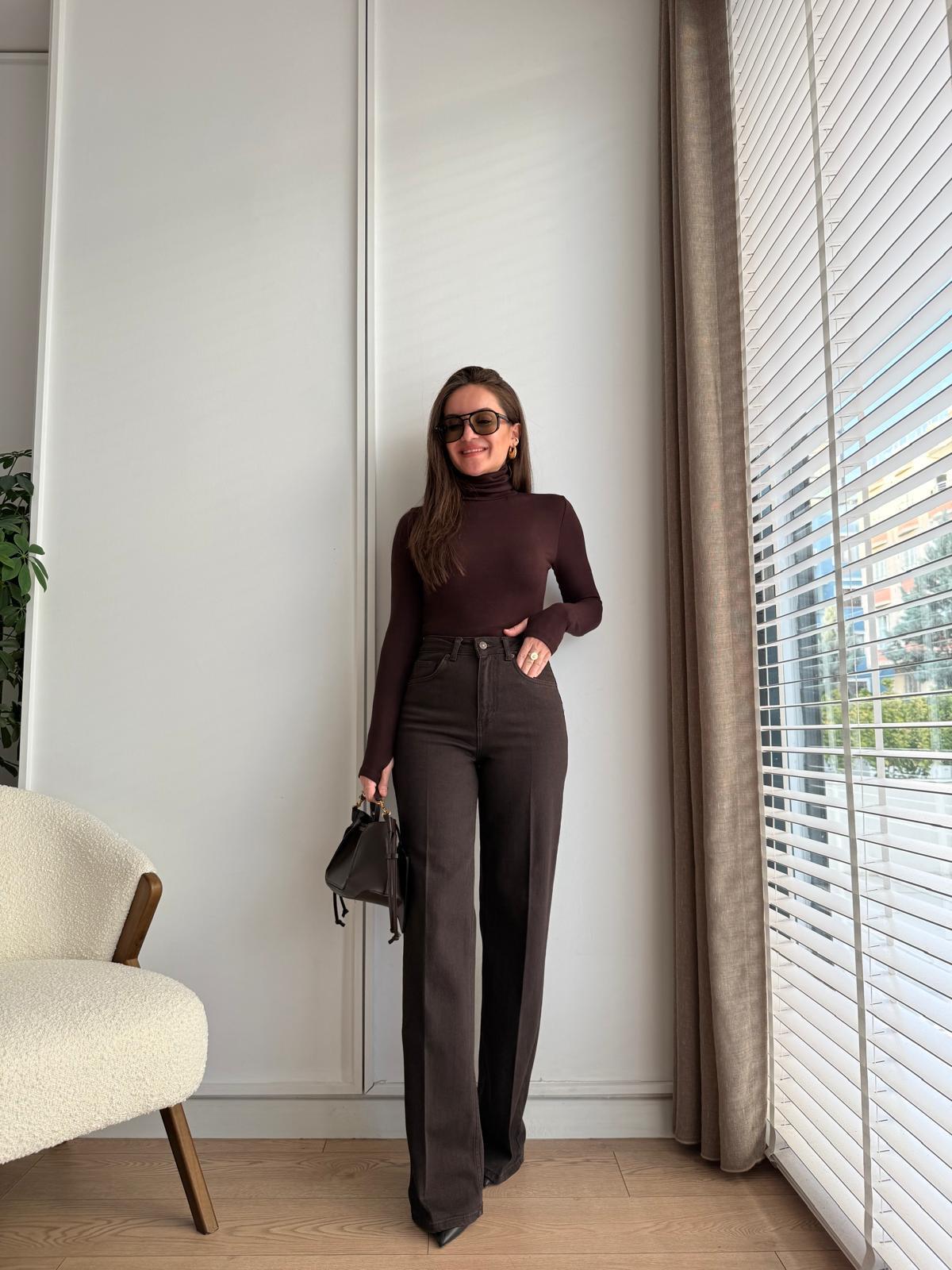 Kahve rengi Ütü İzli Wide Leg Jean D773