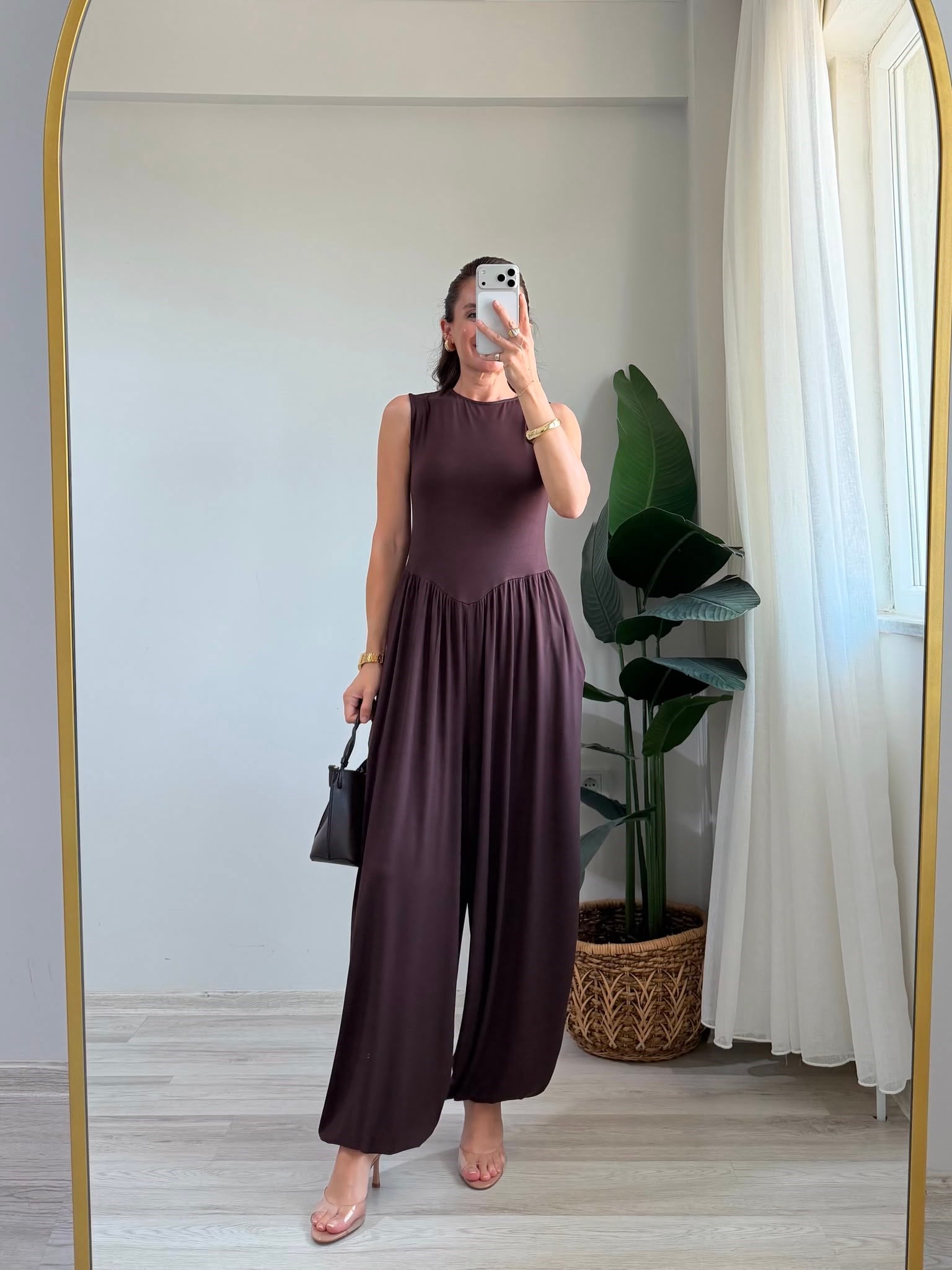 Kahve rengi V Bel Dikişli Balon Paça Tulum 4144