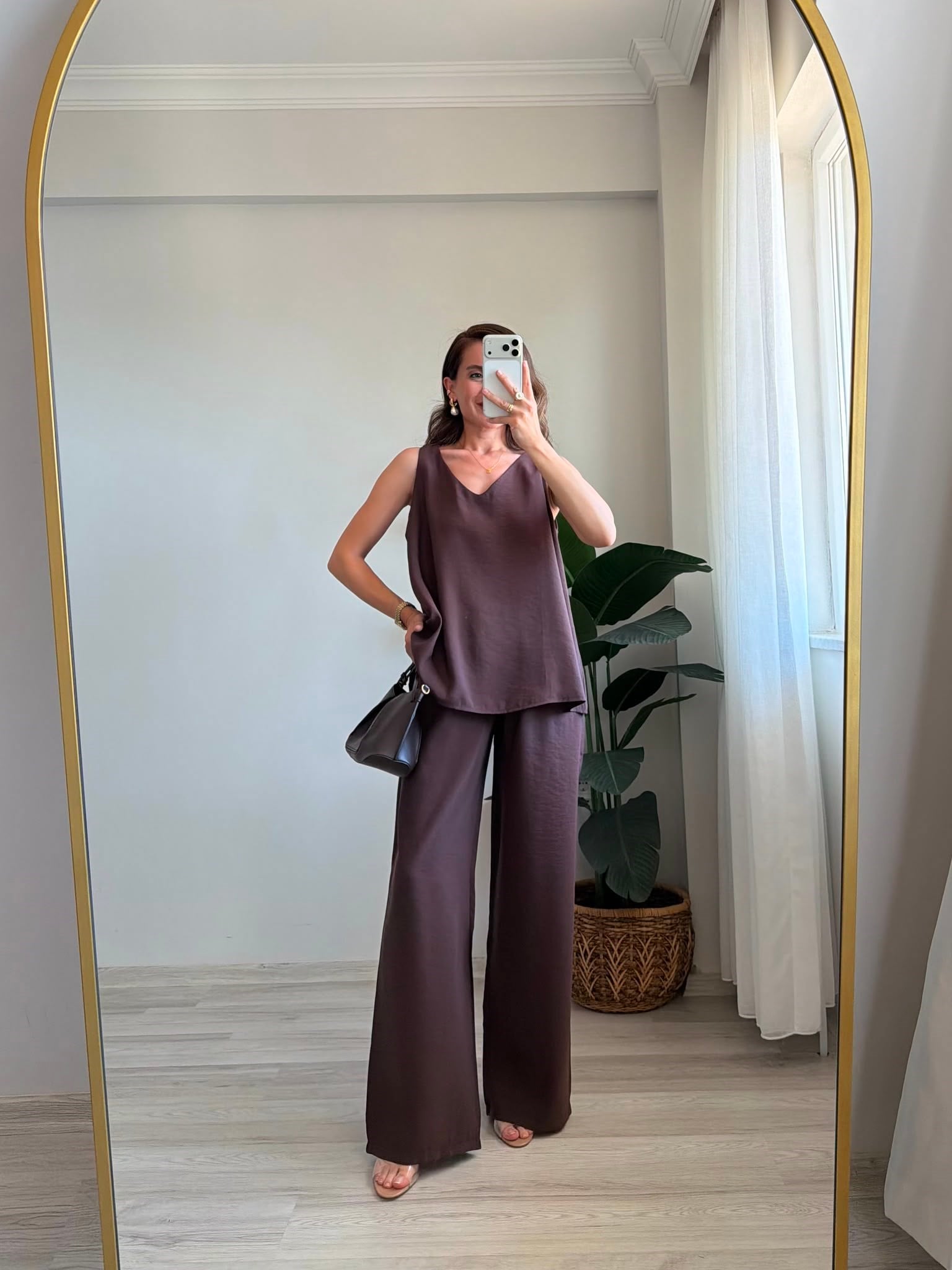 Kahve rengi V Yaka Tensel Palazzo Takım 3142