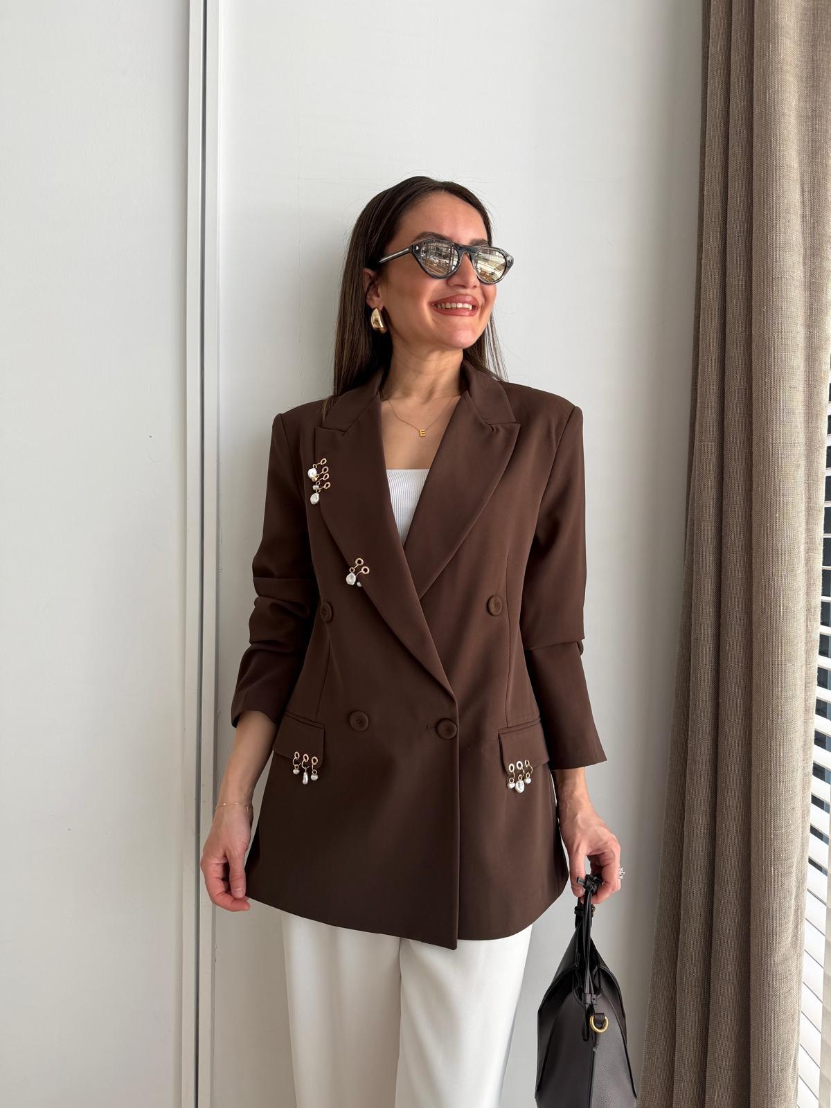 Kahve rengi Vatkalı Aksesuar Detaylı Blazer Ceket 580576