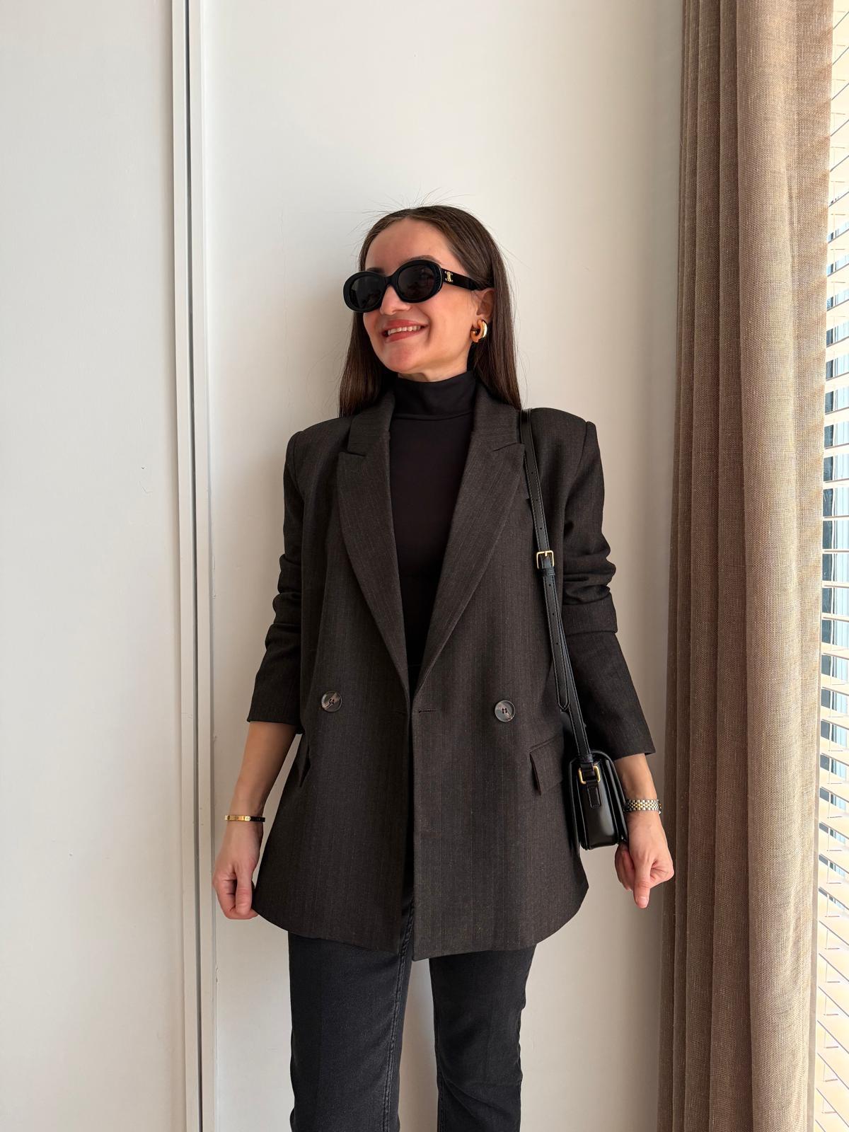 Kahve rengi Vatkalı Çizgili Blazer Ceket 17165