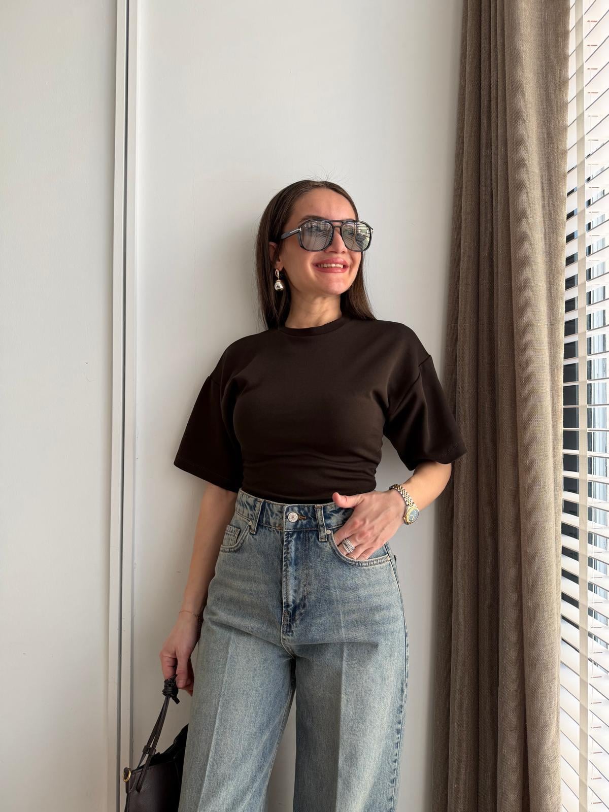 Kahve rengi Yan Drapeli Tshirt 261003