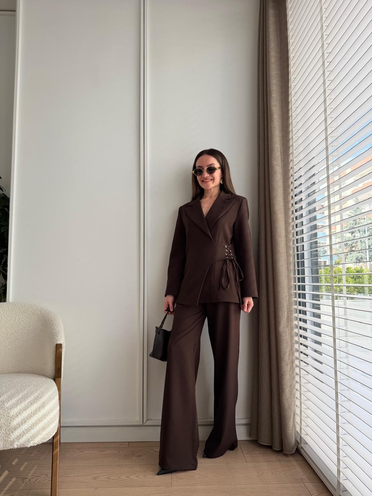 Kahve rengi Yandan Kuşgözlü Ceket Pantolon Takım 9295